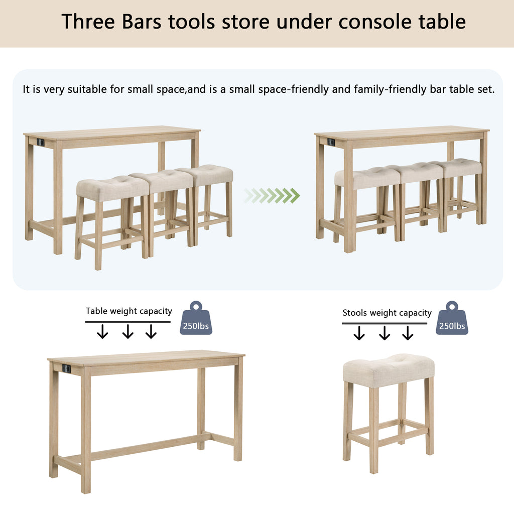 4 Piece Bar Table Set with Power Outlet, Bar Table Set with Chairs, Sofa Bar Table with Stools, Behind Couch Table with 3 Padded Stools for Living Room, Dining room, Light Oak - Grand Goldman Shop