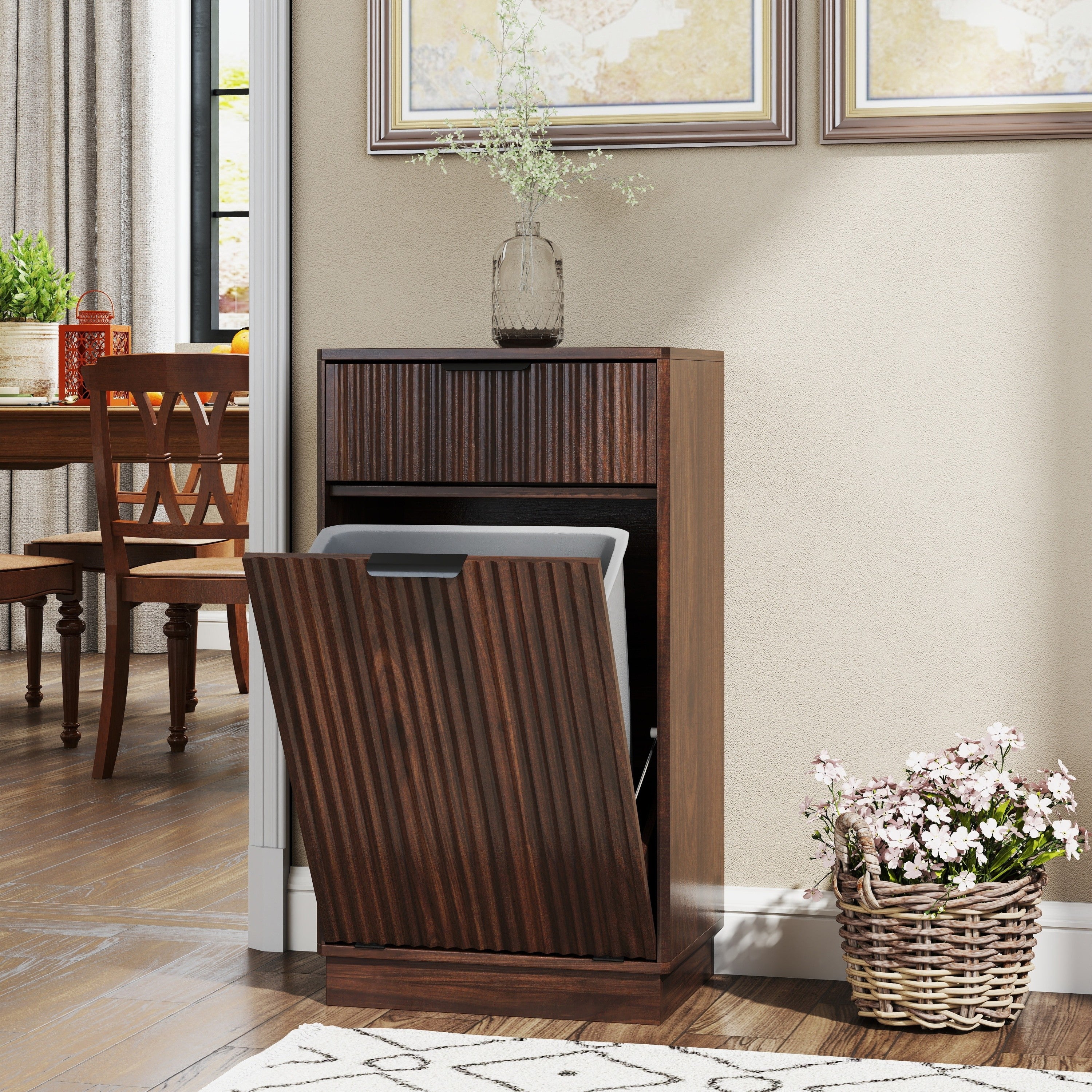 Woodgrain Tilt-Out Trash Can Cabinet with Wave-Textured Drawer & Pull-Out Bin in Walnut Finish - Grand Goldman Shop