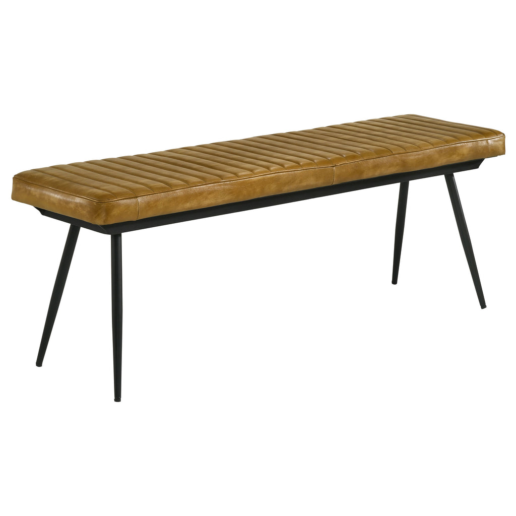 Camel and Black Tufted Cushion Side Bench with Metal Tapered Legs in Brown Upholstered Design - Grand Goldman Shop