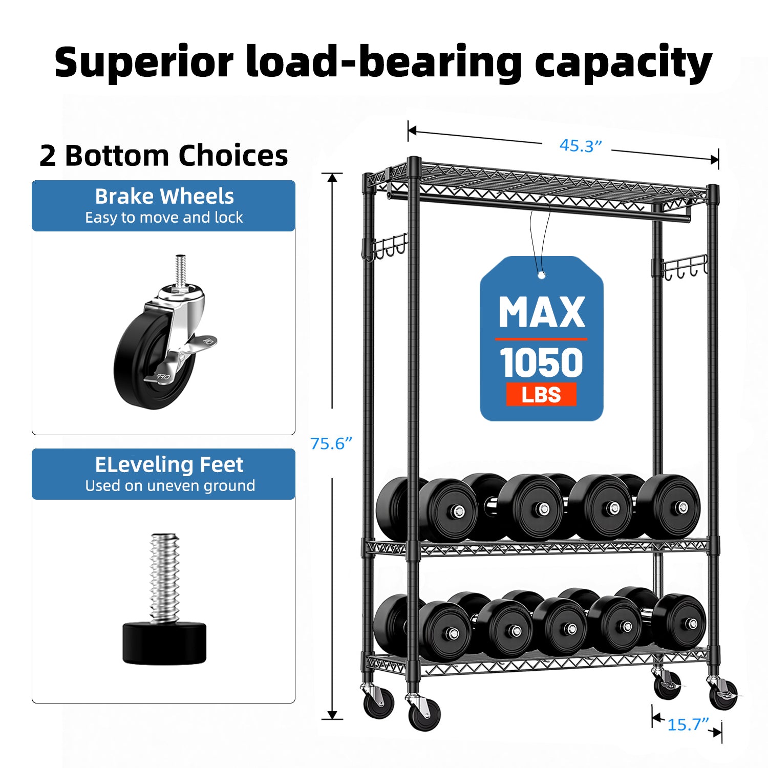 Heavy Duty Rolling Garment Rack 3 Tiers Adjustable Wire Shelving Clothes Rack with 1 Rods and Side Hooks,Storage Closet Clothing Rack with Wheels Black 15.7' D x 45.3' W x 75.6' H, Black - Grand Goldman Shop