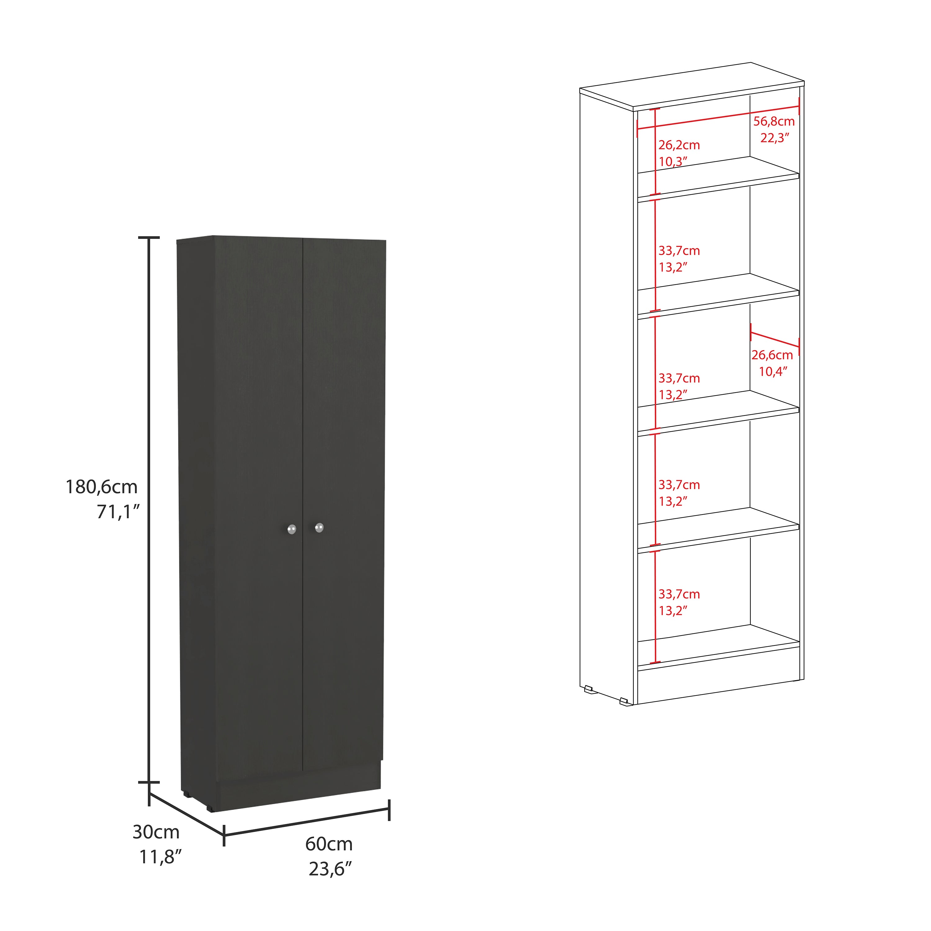 Multistorage Pantry Cabinet, Five Shelves, Double Door Cabinet -Black - Grand Goldman