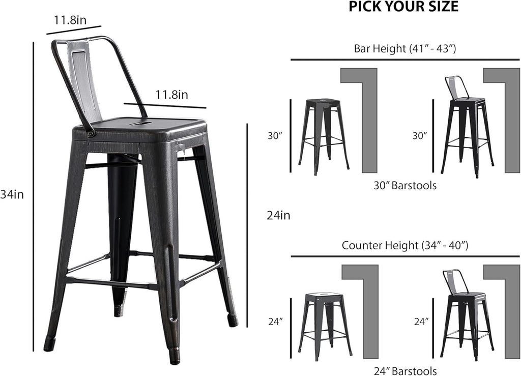 24' Sanded Matte Black Industrial Contemporary Rustic Metal Barstools with Bucket Back, Set of 4 | Premium Home Decor - Grand