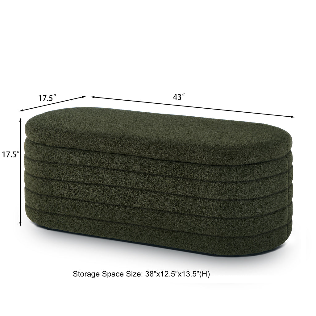 Modern Oval Storage Ottoman Bench, Upholstered Boucle Teddy Fabric End of Bed Bench with Storage, End of Bed Stool with Safety Hinge for Bedroom, Living Room, Entryway, Dark Green - Grand Goldman Shop