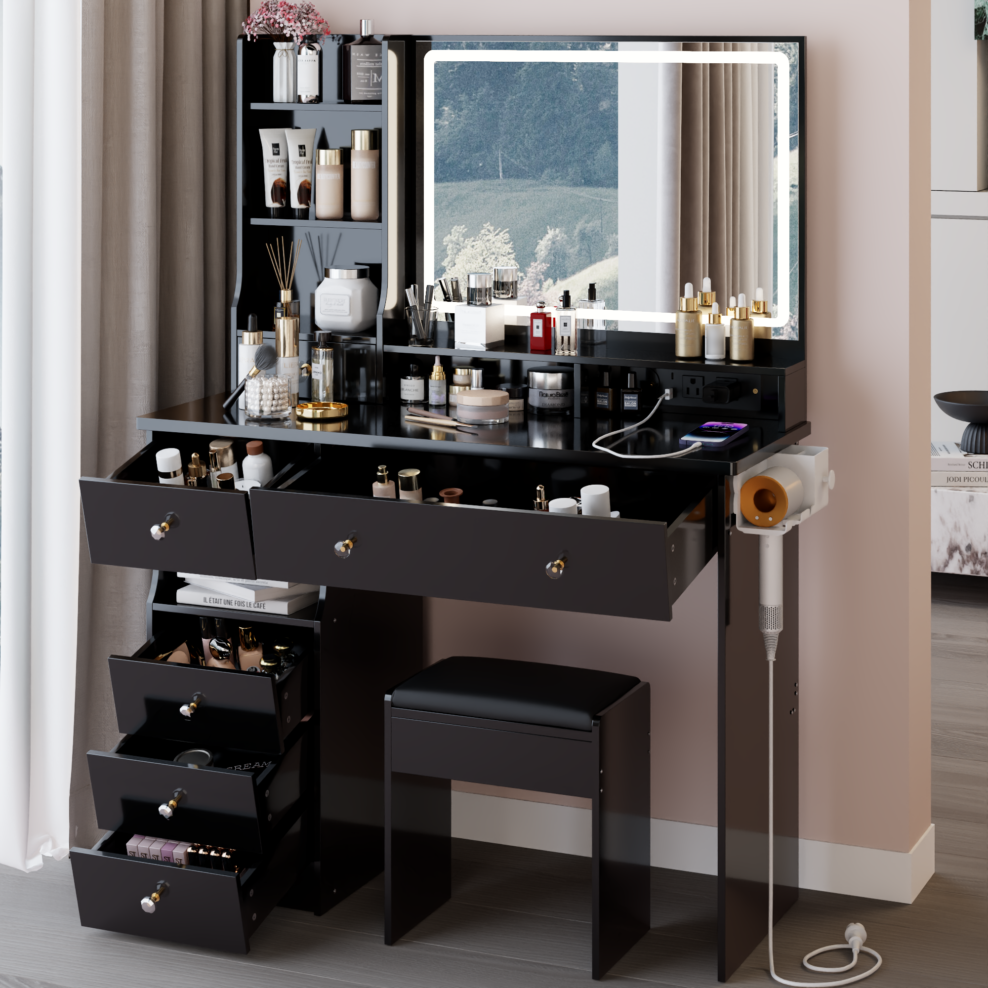 41' Large Size Left Drawer Desktop Vanity Table+Cushioned Stool Dresser Set, 2 AC+2 USB Power Station, Hair Dryer Stand, Extra Large Touch Control LED Mirror, 3-color Switch, EPA, GCC, UL Certificate - Grand Goldman Shop