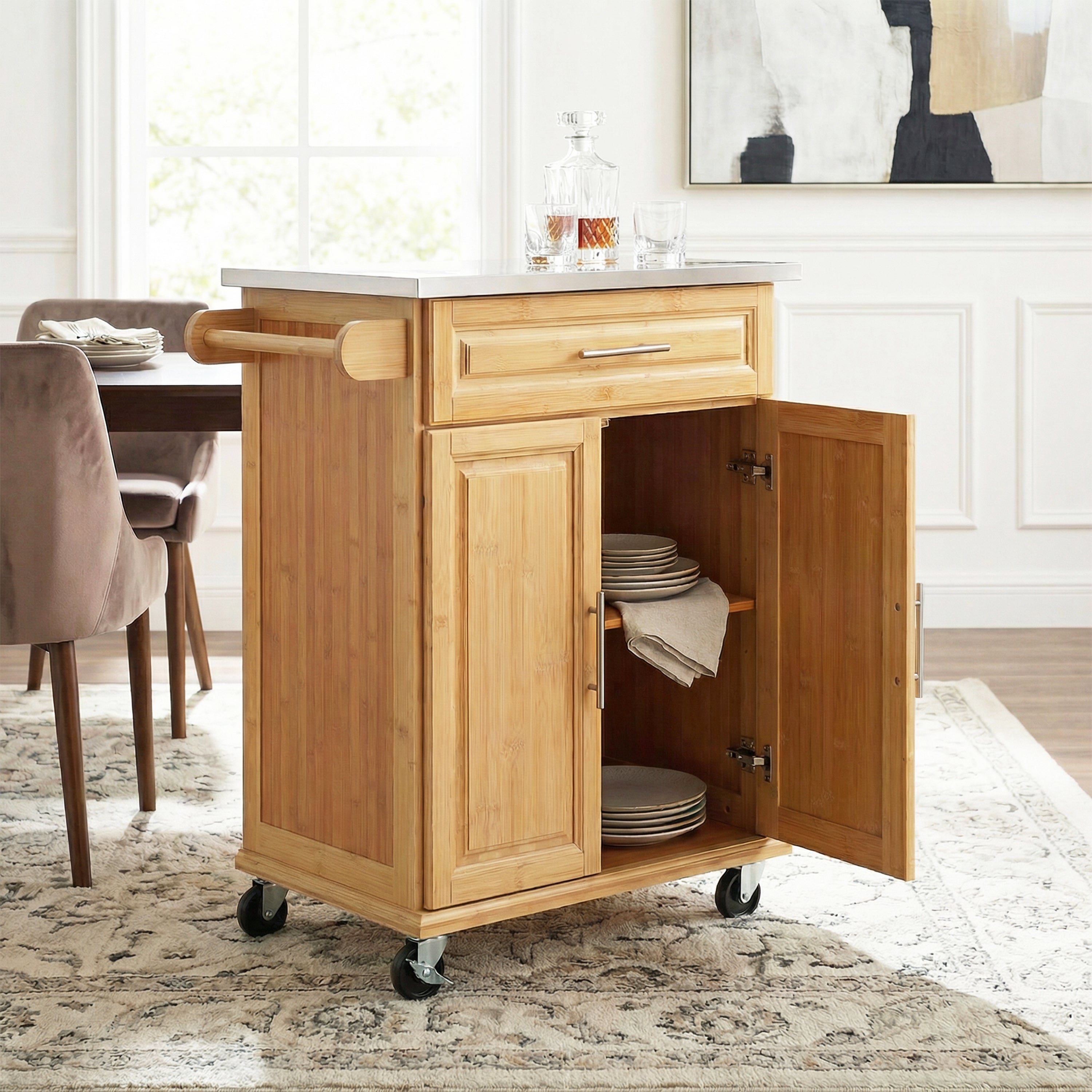 Indoor Compact Bamboo Rolling Kitchen Cart with Stainless Steel Top – Mobile Storage Island with Drawer & Cabinet for Small Spaces - Grand Goldman Shop