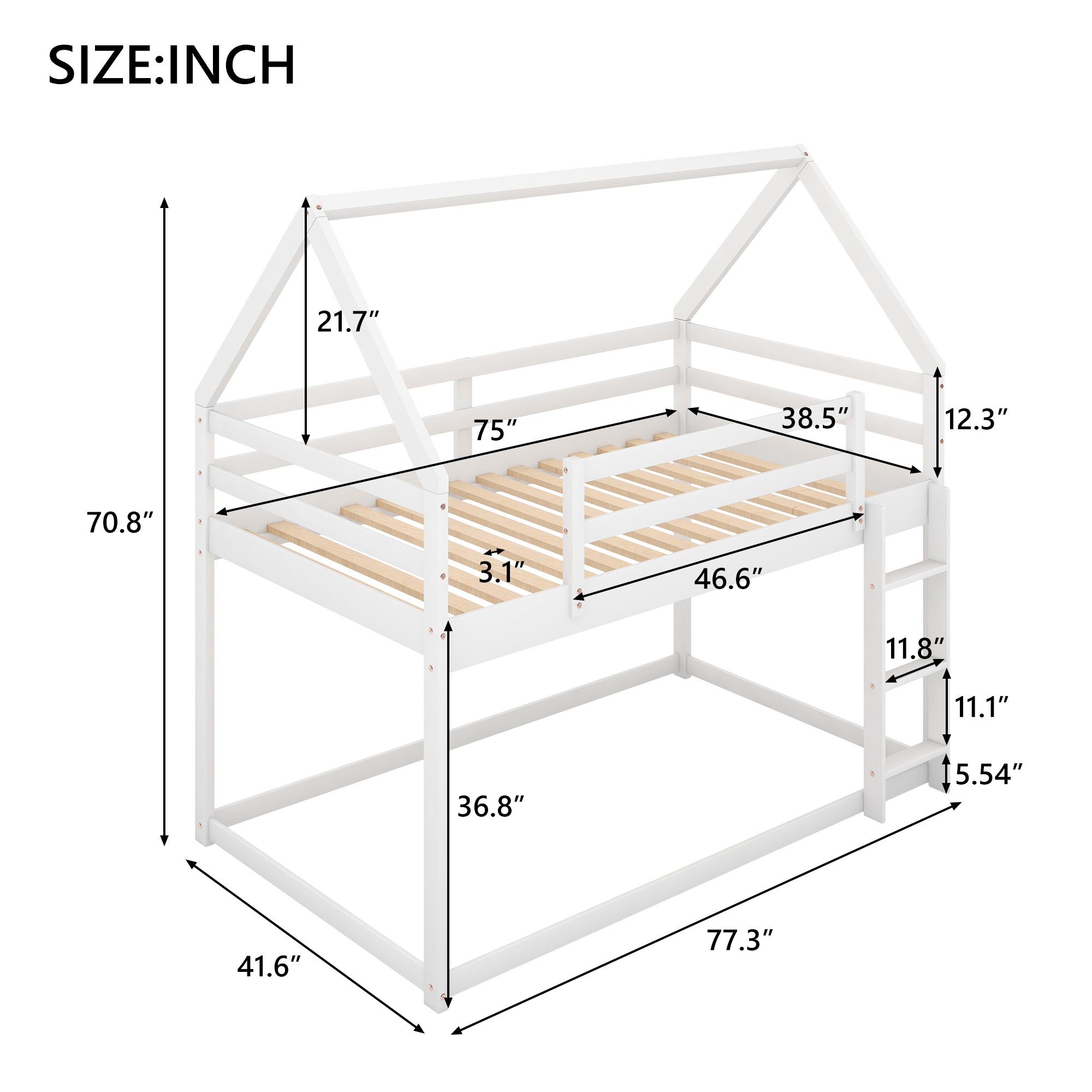 Twin over Twin Low Bunk Bed with Ladder, White - Grand Goldman Shop