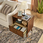 Mid Century Modern Fluted Nightstand with Charging Station USB Ports & Outlet Hole & 4 Solid Wood Legs, Farmhouse End Table with Open Space and Drawer Dresser, Walnut - Grand Goldman Shop