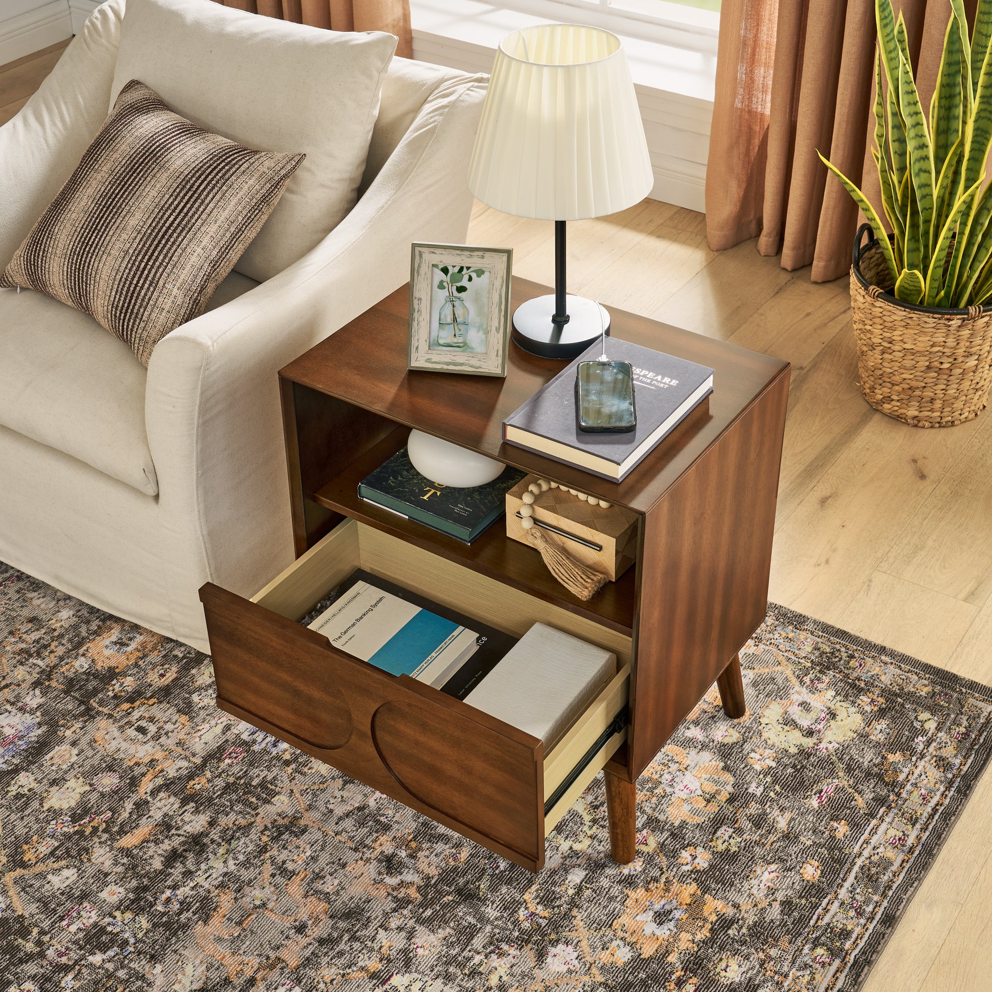Mid Century Modern Fluted Nightstand with Charging Station USB Ports & Outlet Hole & 4 Solid Wood Legs, Farmhouse End Table with Open Space and Drawer Dresser, Walnut - Grand Goldman Shop