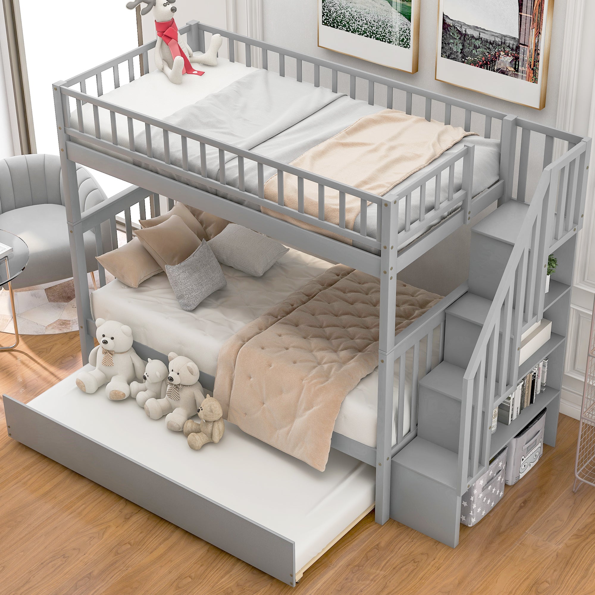 Twin over Twin Bunk Bed with Trundle and Storage - Grand Goldman Shop