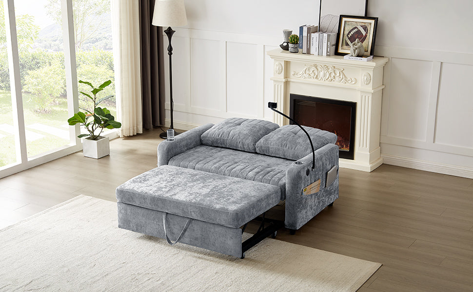 Modern Loveseat Pull-out Sofa Bed with Adjustable Backrest, Cup Holders, Phone Holder, Charging Ports, Side Storage Pockets, Grey Chenille - Grand Goldman Shop