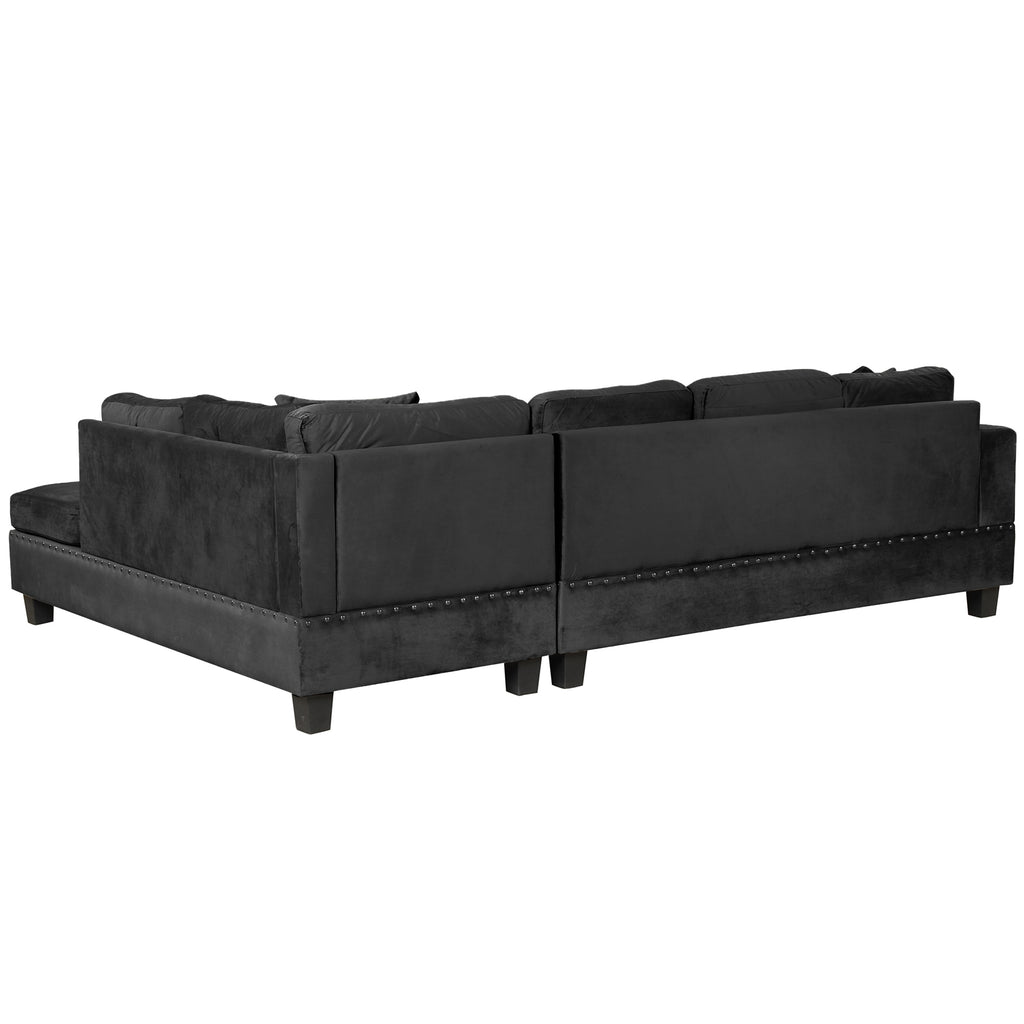 Modern Sectional Sofa with Storage Ottoman, L-Shape Couch with 2 Pillows and Cup Holders, Black Velvet, 105' - Grand Goldman Shop