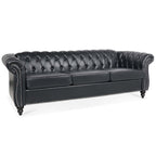 84.65' BLACK PU Rolled Arm Chesterfield Three Seater Sofa. - Grand Goldman Shop