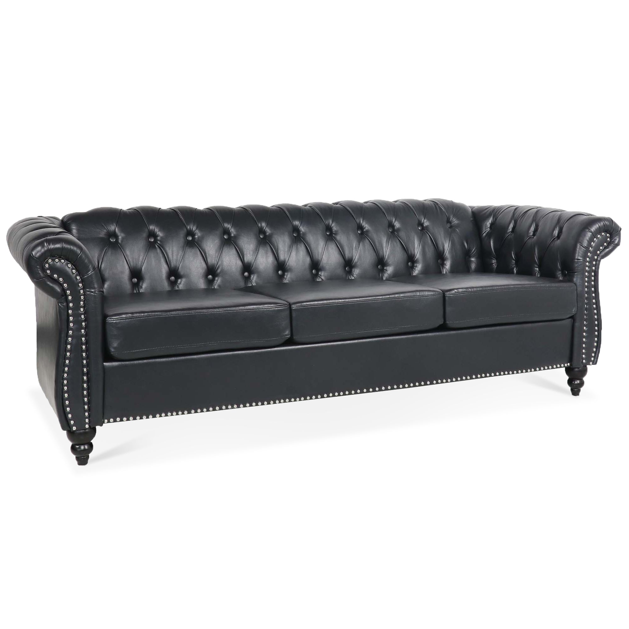 84.65' BLACK PU Rolled Arm Chesterfield Three Seater Sofa. - Grand Goldman Shop