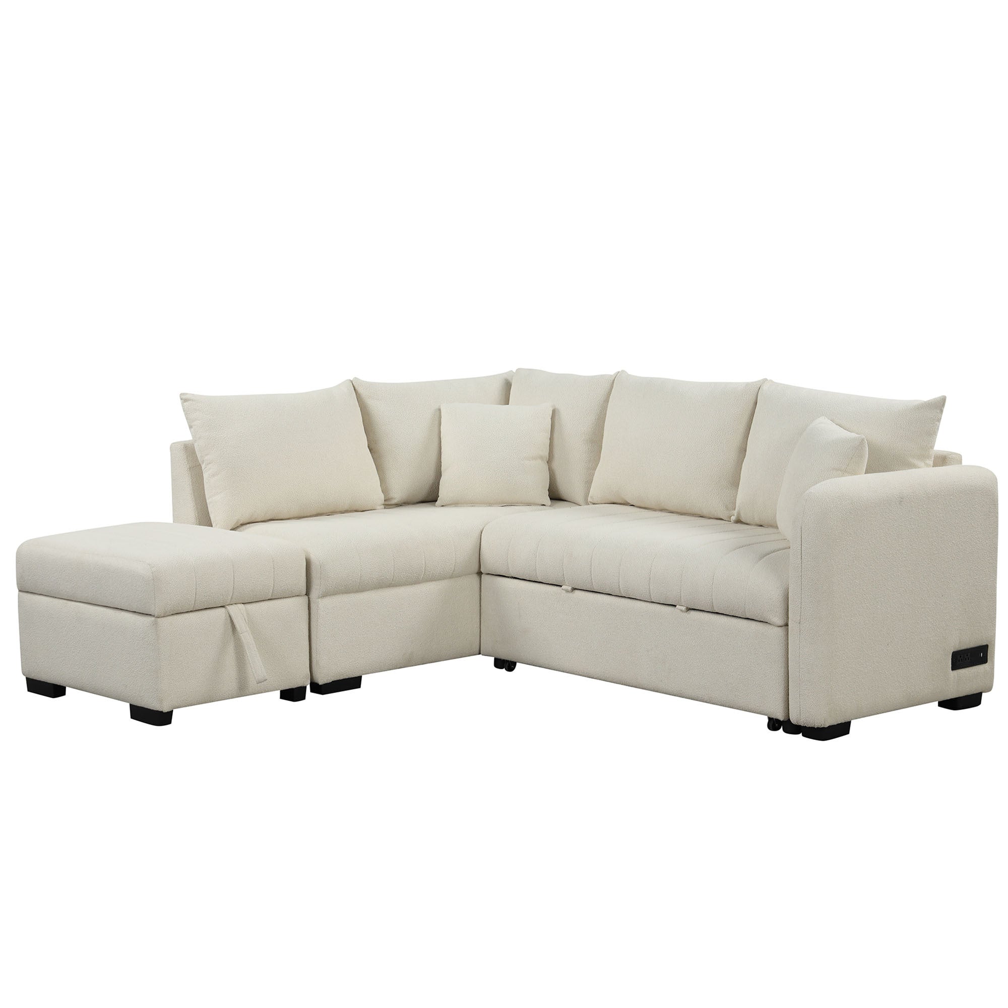 Modern L-shaped Sectional Pull Out Sofa Bed with USB Ports and Storage Ottoman, Beige, Jacquard Fabric, 82.6' - Grand Goldman Shop