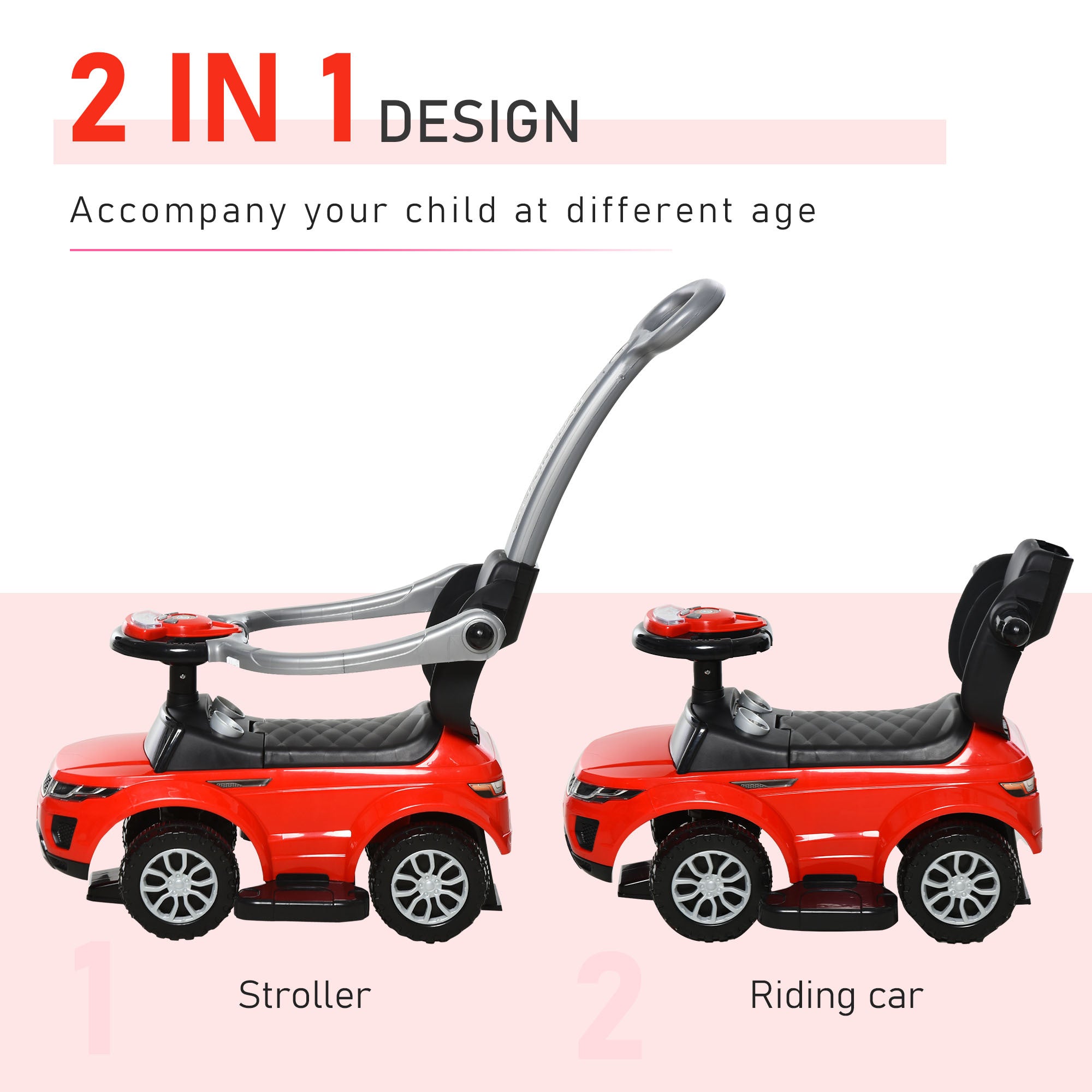 Aosom 2 In 1 Push Cars for Toddlers Kid Ride on Push Car Stroller Sliding Car with Horn Music Light Function Secure Bar Ride 