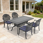 5-Piece Set Of Cast Aluminum Patio Furniture With Black Frame and Blue Seat Cushions