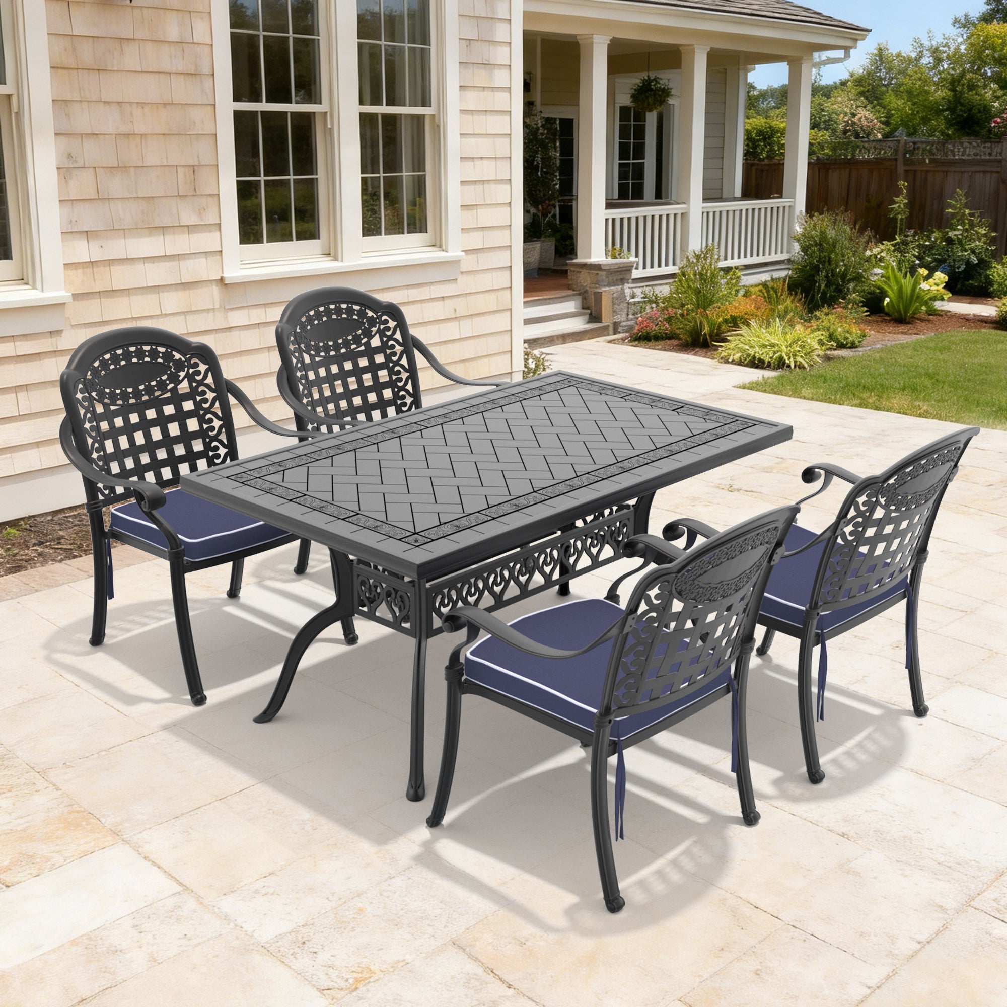 5-Piece Set Of Cast Aluminum Patio Furniture With Black Frame and Blue Seat Cushions