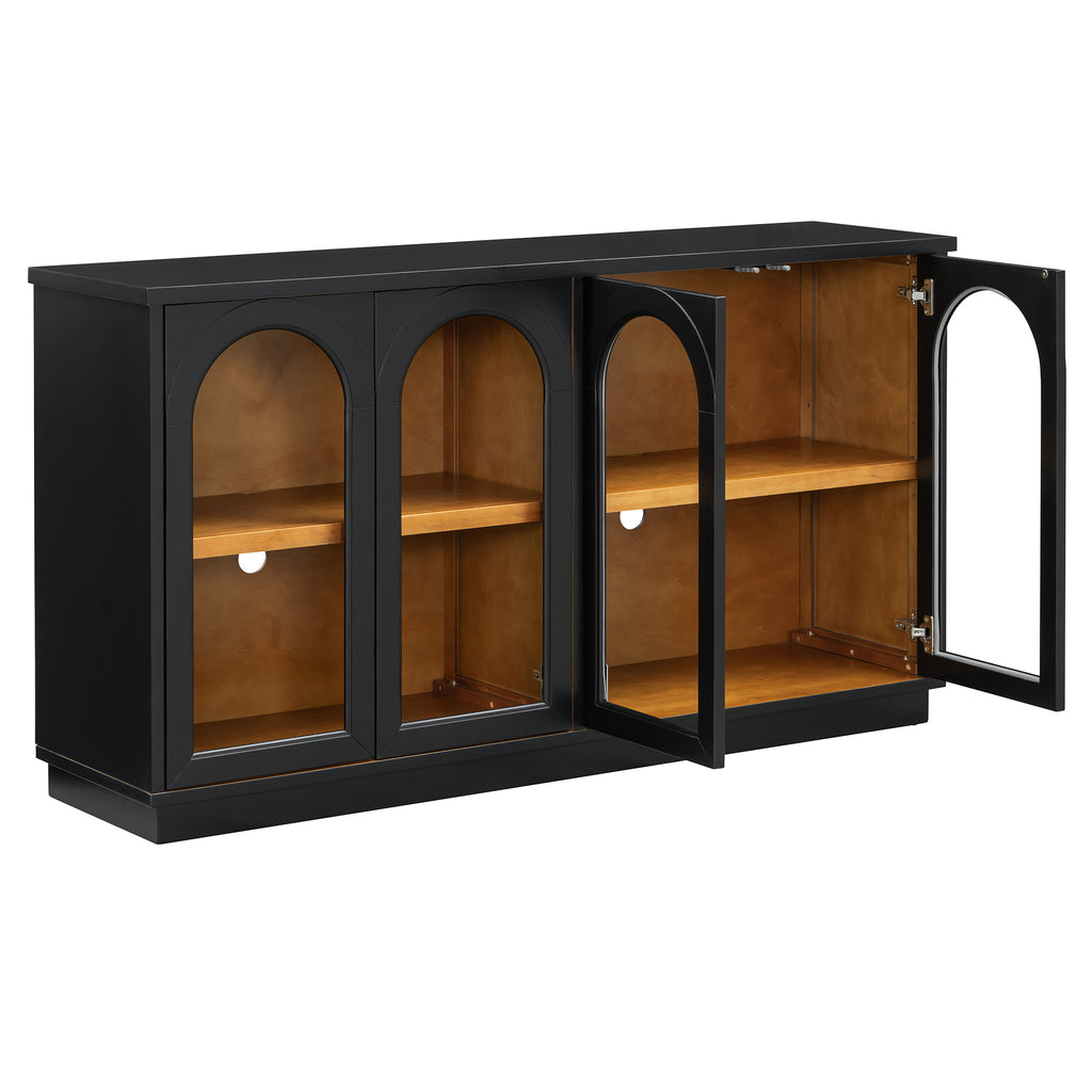 TREXM 4-Door Large Storage Buffet Cabinet with Glass Doors, Arched Cabinet with Adjustable Shelves for Kitchen, Dining Room and Living Room (Black) - Grand Goldman Shop