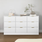 White 9 Drawer Dresser, 63' Large Deep Chest of Drawers, Wooden Dresser Storage Cabinet with 9 Drawers for Bedroom, Long Dressers for Living Room, Hallway, Drawer panel with wavy patterns - Grand Goldman Shop