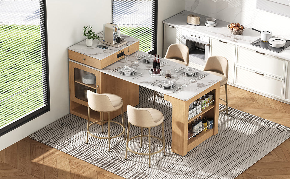 K&K 59.5'Kitchen Island with Extendable Dining Table, Kitchen Storage Table with Double-sided Storage, Kitchen Island with 2 Drawers, Power Outlet, Side Open Shelves, for Kitchen, Dining Room, Natural - Grand Goldman Shop