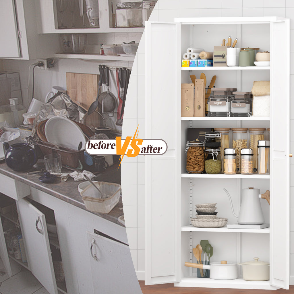 White Metal Adjustable 2-Door Storage Cabinet with Powder-Coated Steel, Tall Kitchen Pantry Cabinet with Adjustable Shelves f