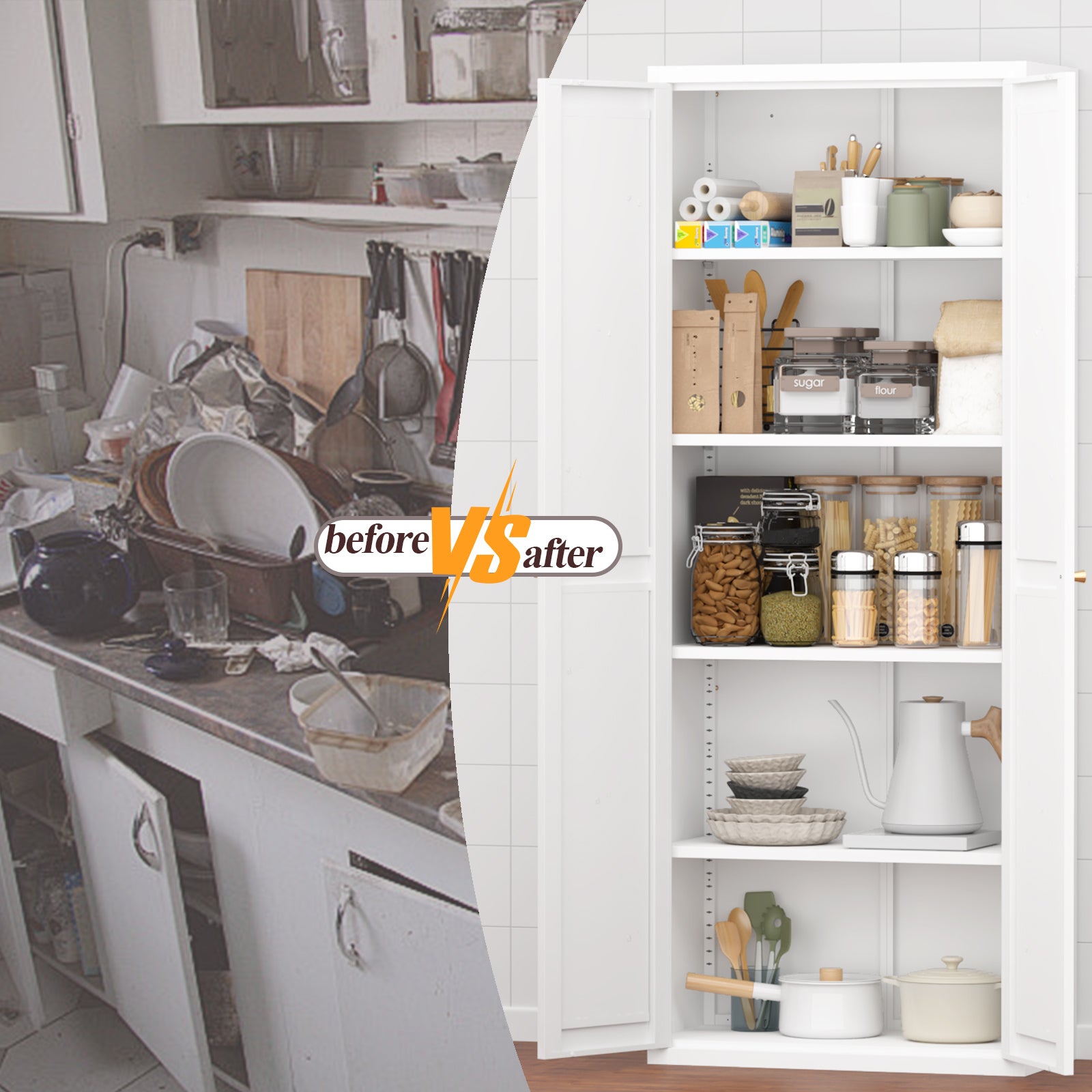 White Metal Adjustable 2-Door Storage Cabinet with Powder-Coated Steel, Tall Kitchen Pantry Cabinet with Adjustable Shelves f