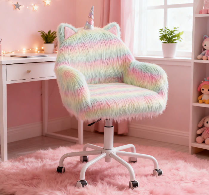 Rainbow Fuzzy Unicorn Office Chair, Plush Desk Chair with Swivel Base, Whimsical & Cozy for Playroom & Office - Grand Goldman