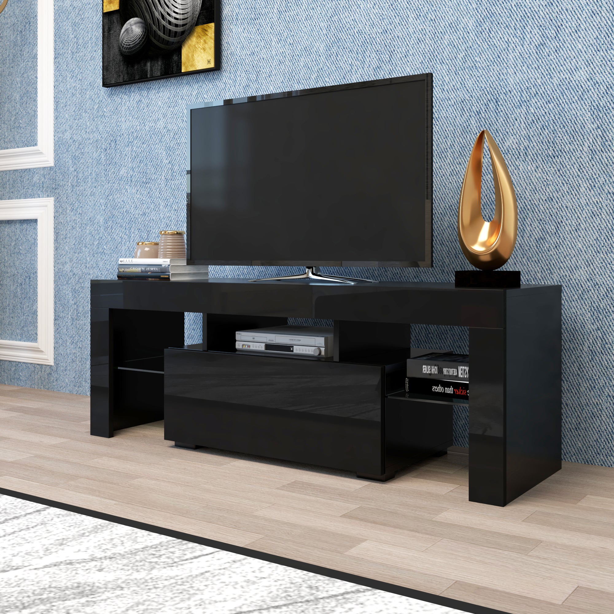 Black TV Stand with LED RGB Lights,Flat Screen TV Cabinet, Gaming Consoles - in Lounge Room, Living Room and Bedroom(Black) - Grand Goldman Shop