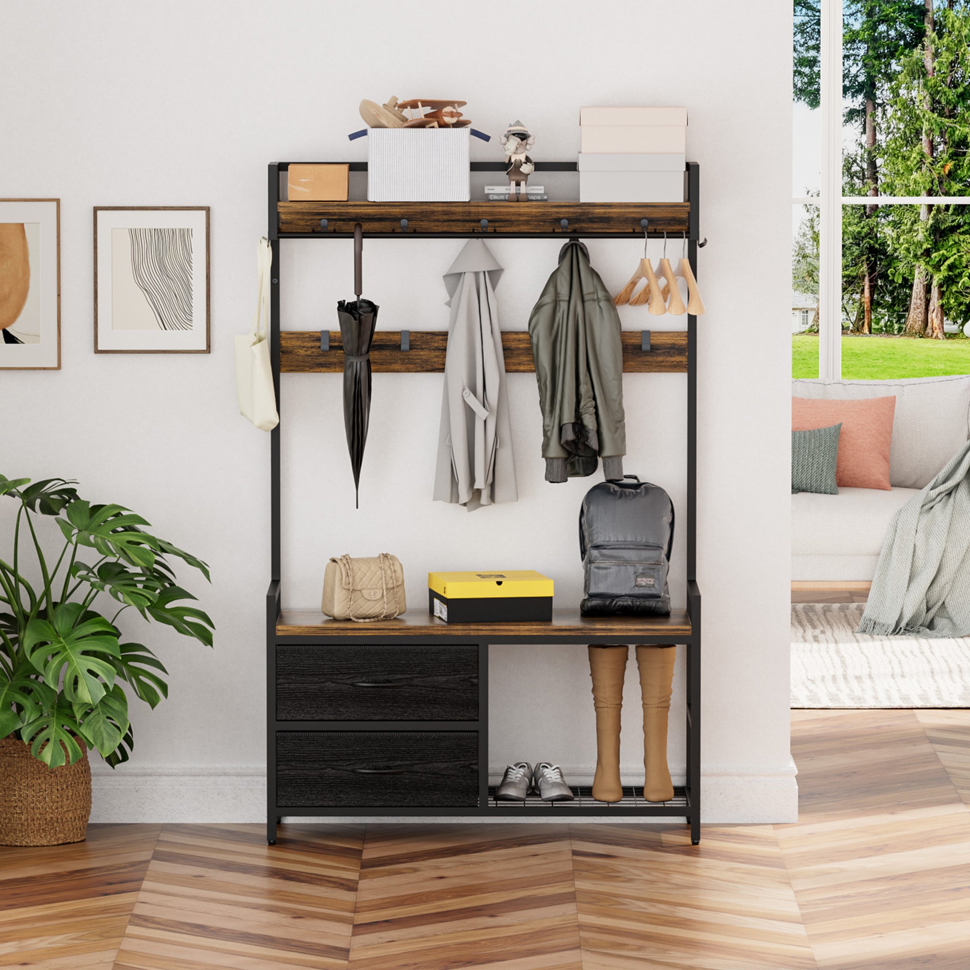 Rustic Brown 33.1' Wide Hall Tree with 2 Movable Drawers, Shoe Storage, Shelves, Garment Racks, and 23 Hooks for Entryway or Corner - Grand Goldman Shop