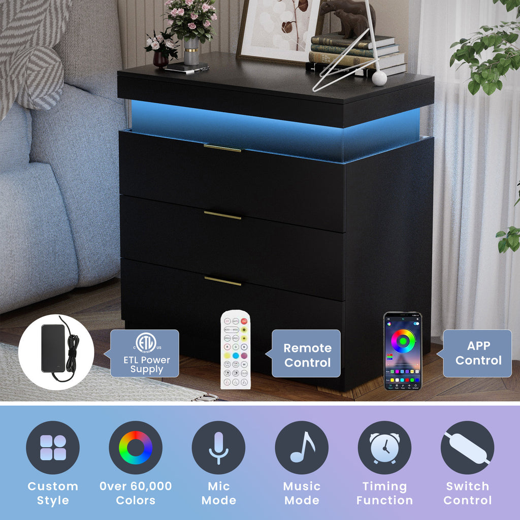 Nightstand with Charging Station and LED Lights,Night Stand with Sliding Top for Bedroom,Bedside Table with Drawers,Modern End Side Table,Black.28.8''W x 17''D x 30.5''H. - Grand Goldman Shop