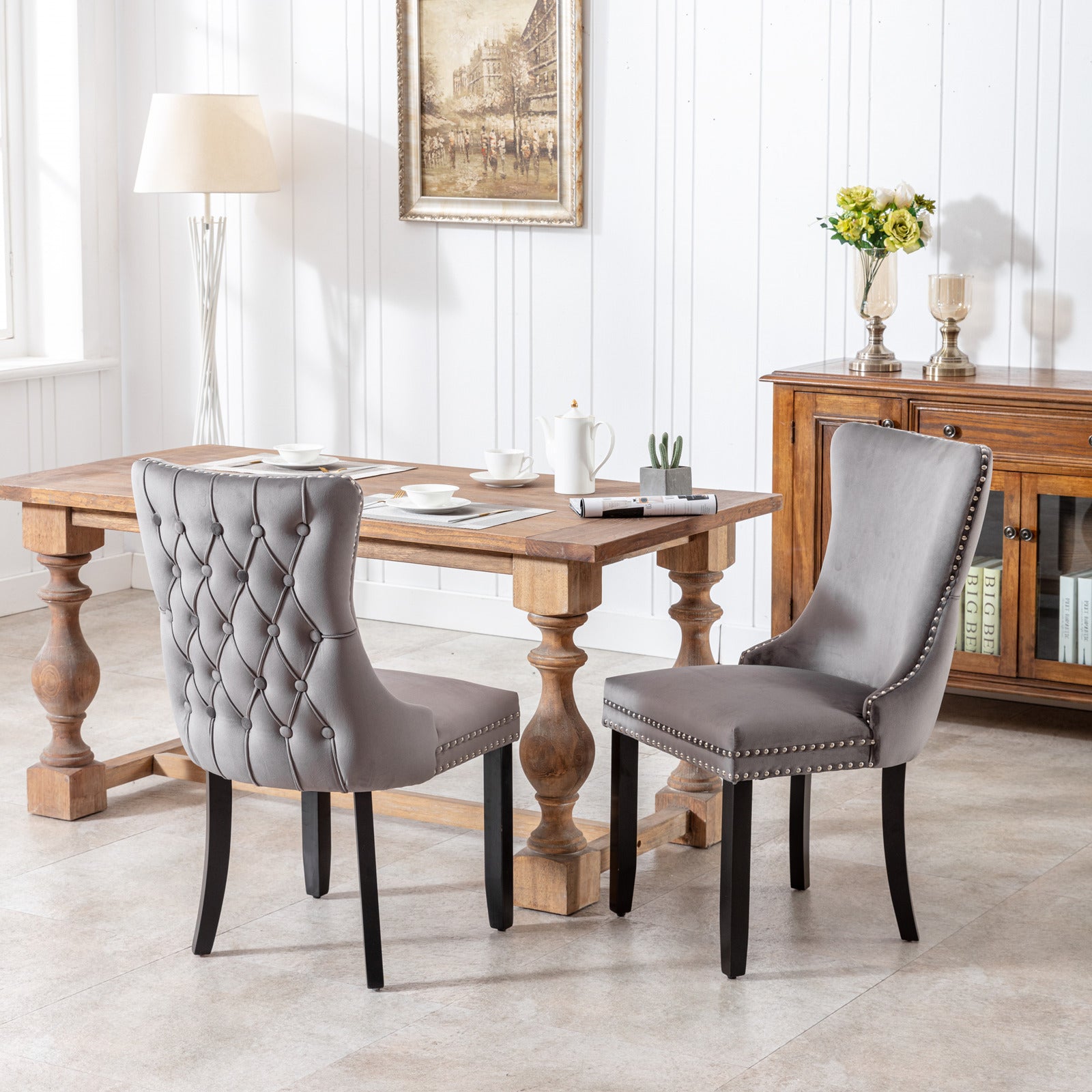 A&A Furniture,Upholstered Wing-Back Dining Chair with Backstitching Nailhead Trim and Solid Wood Legs,Set of 2, Gray,SW8809GY,  KD - Grand Goldman Shop