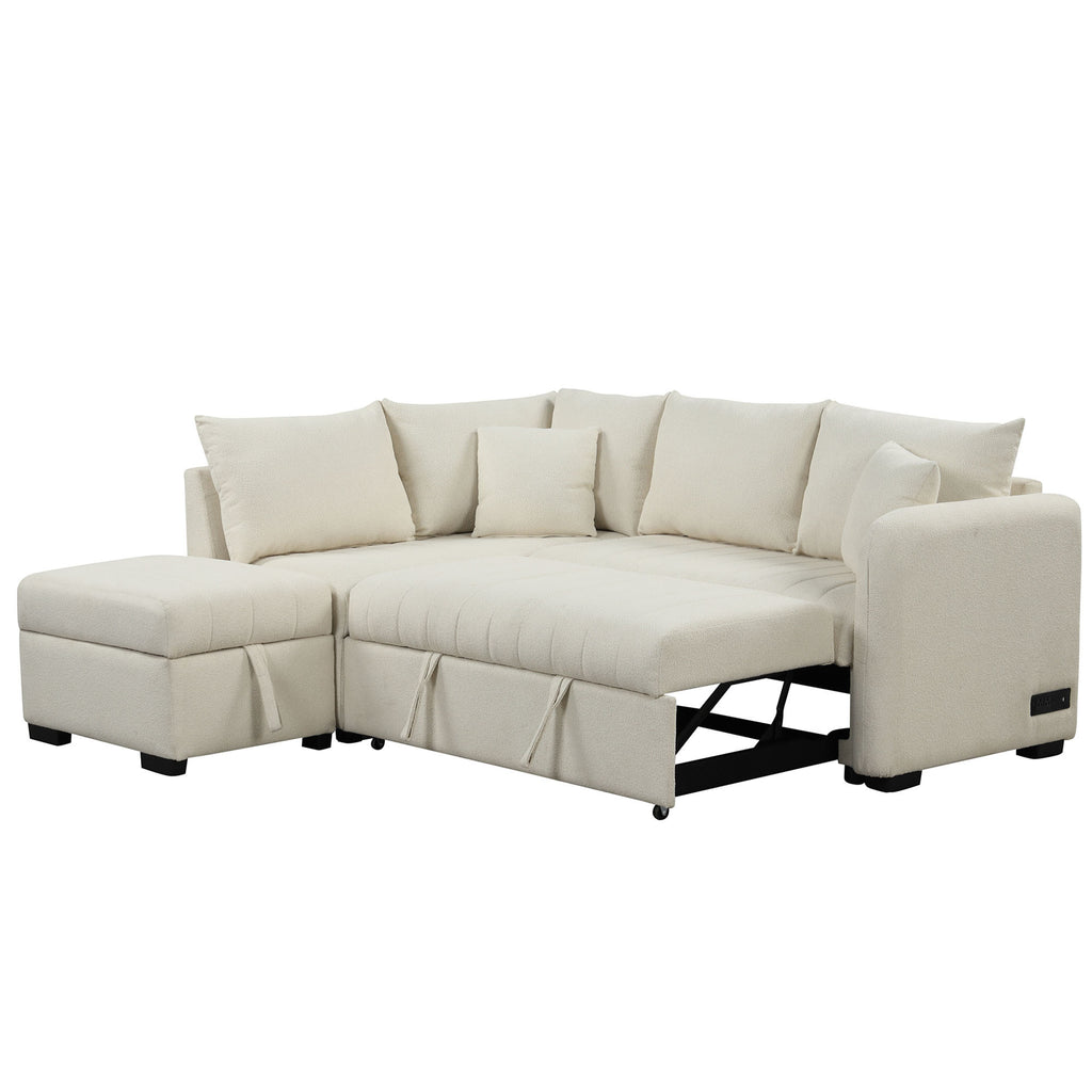 Modern L-shaped Sectional Pull Out Sofa Bed with USB Ports and Storage Ottoman, Beige, Jacquard Fabric, 82.6' - Grand Goldman Shop