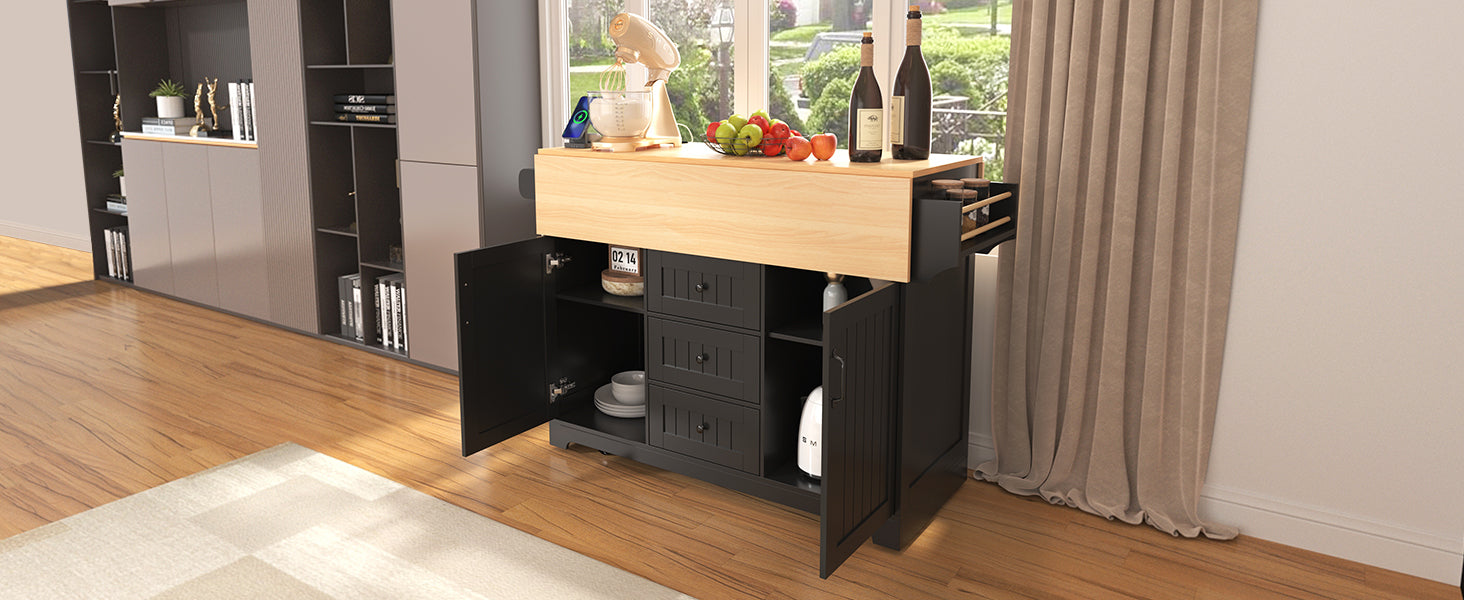 K&K 55.7'' Large Kitchen Island with 2 Drop Leaf,, Rolling Kitchen Cart on 5 Wheels with Power Outlet, Folding Storage Dining Table with Spice & Towel Rack , 3 Drawers, for Kitchen, Dining Room,Black - Grand Goldman Shop