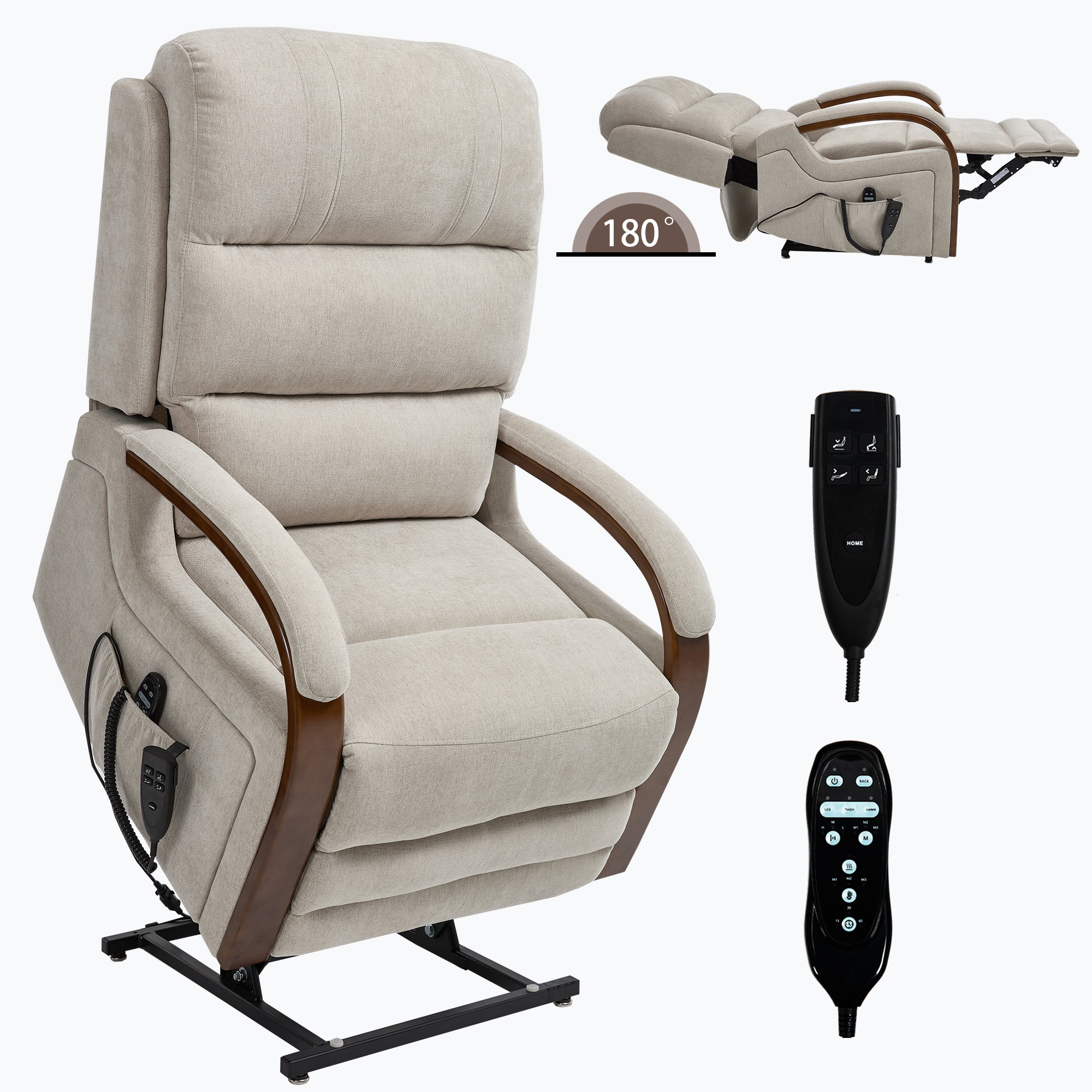 Power Beige Chenille Lift Recliner Chair Dual Motor Infinite Position Up to 350 LBS with Solid Wood Armrests, Heat Massage and Heavy Duty Motion Mechanism - Grand Goldman Shop