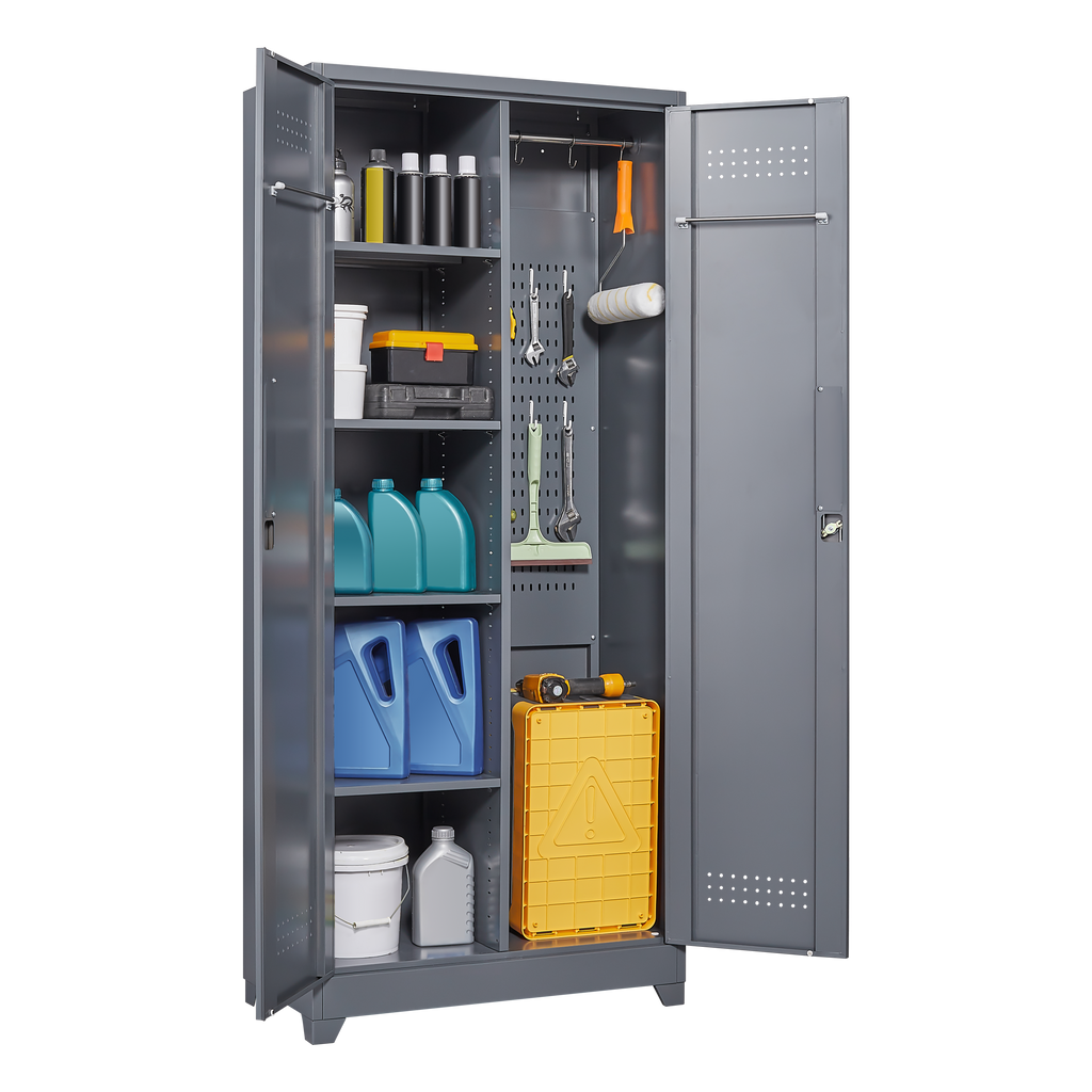 Gray And White Color Metal Lockers, Cleaning Tool Cabinets With Locking Doors, High Broom Tool Storage Cabinets, Adjustable S