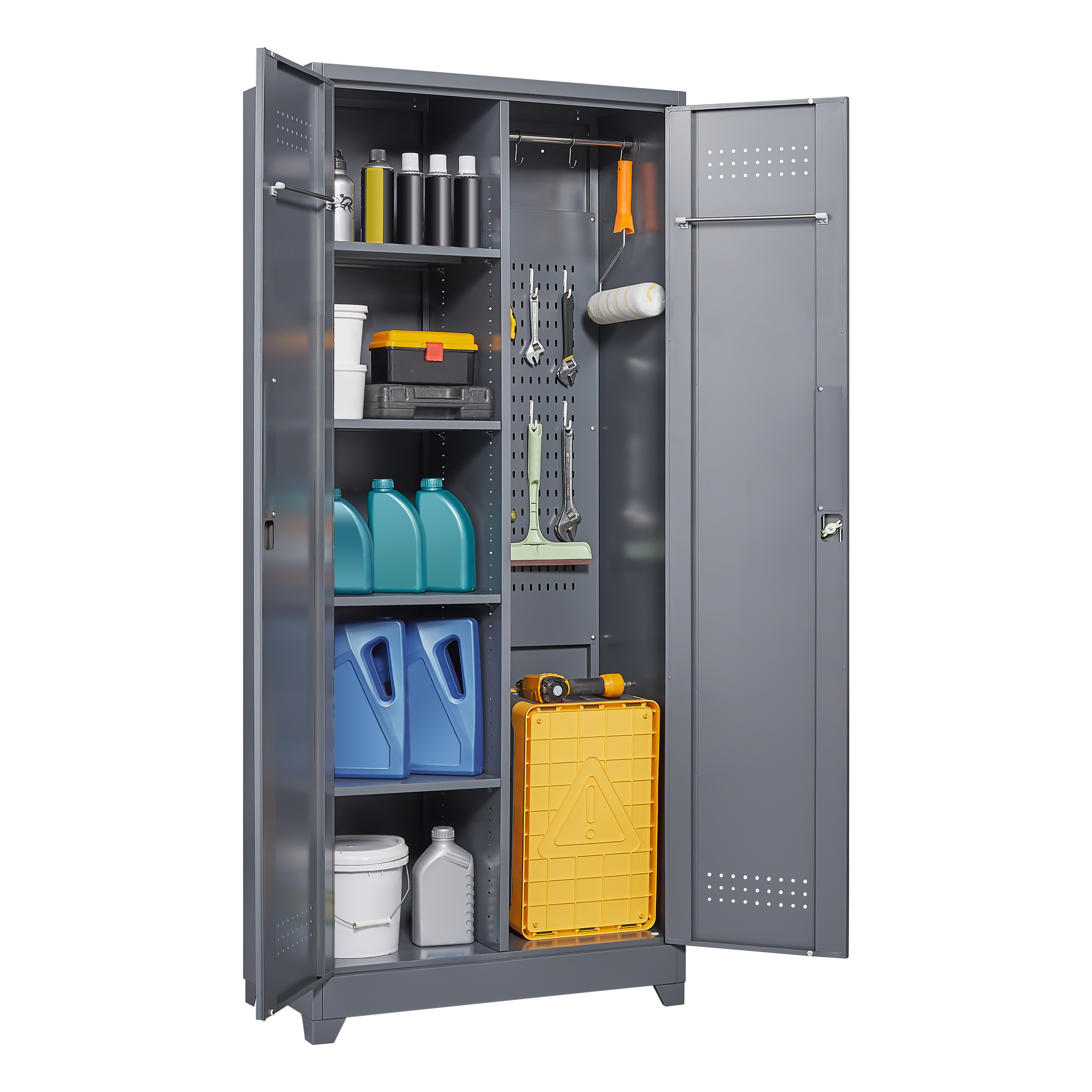 Gray And White Color Metal Lockers, Cleaning Tool Cabinets With Locking Doors, High Broom Tool Storage Cabinets, Adjustable S