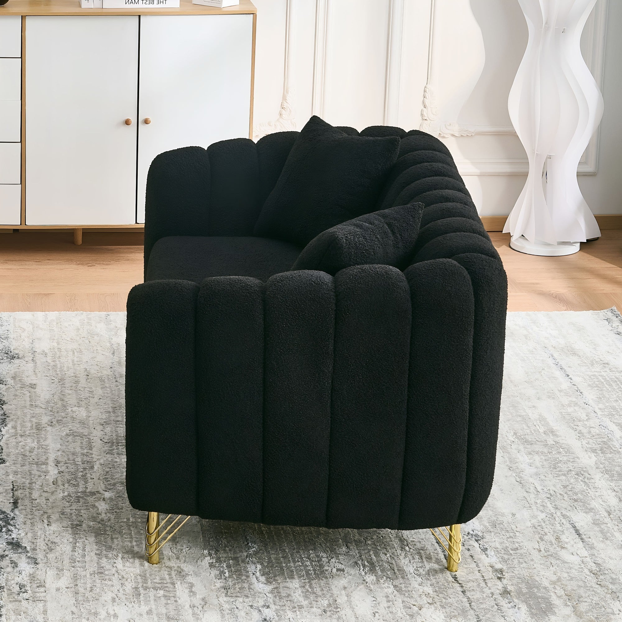 Modern Chenille Loveseat Sofa with Gold Metal Legs, Black Upholstery for Living Room and Bedroom - Grand Goldman Shop