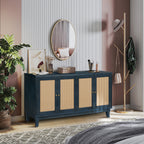 Handcrafted Premium Grain Panels,Rattan Sideboard Buffer Cabinet,Accent Storage Cabinet With 4 Rattan Doors, Modern Storage Cupboard Console Table with Adjustable Shelves for Living Room ,BLUE - Grand Goldman Shop