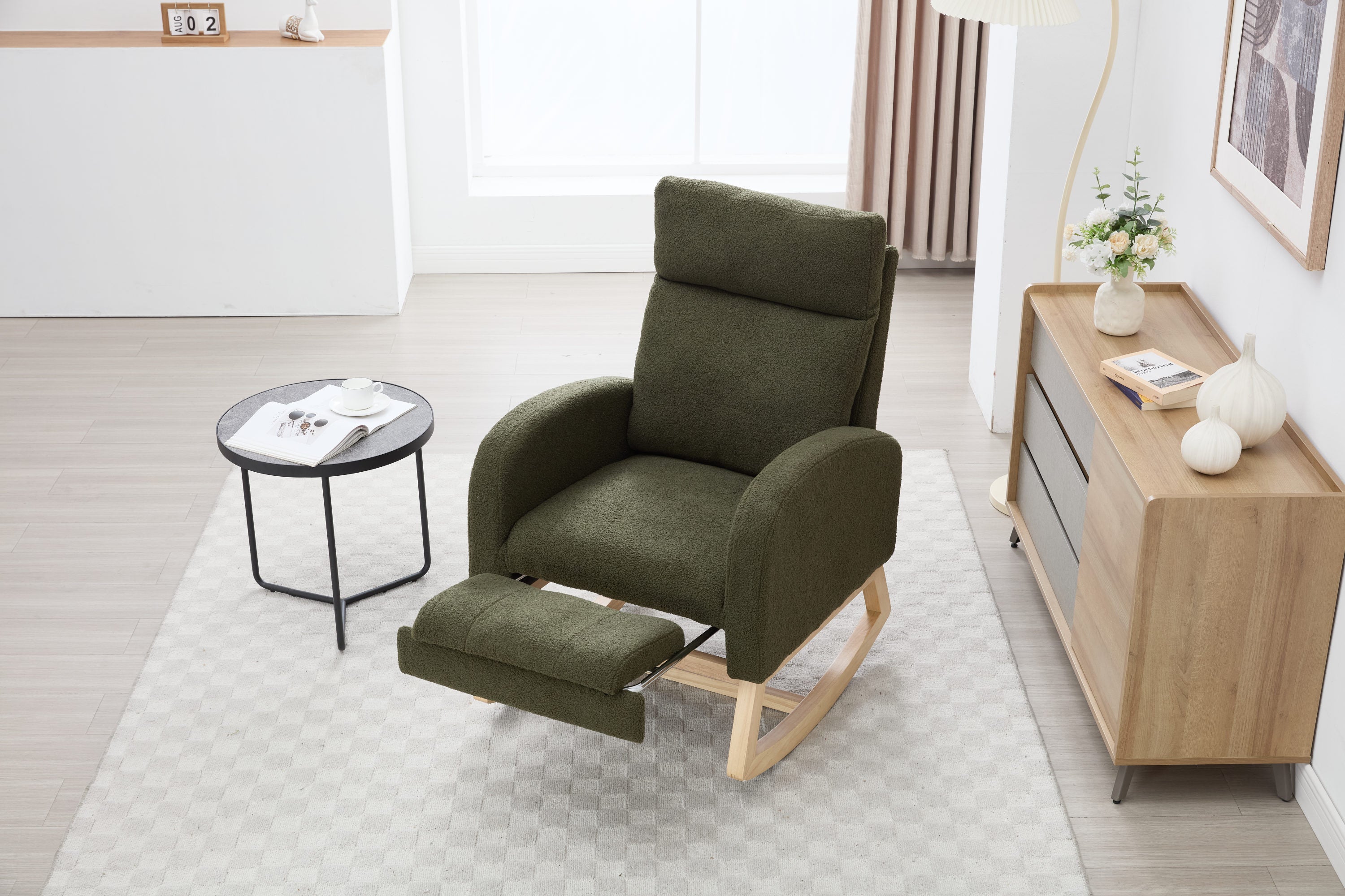 015B-Teddy Fabric Leisure Rocking Chair,Nursery Rocking Chair With Adjustable Footstool,Thickened Headrest And High Backrest, Storage Pocket On The Right Side,The Base Rocker Is Solid Wood,Green - Grand Goldman Shop