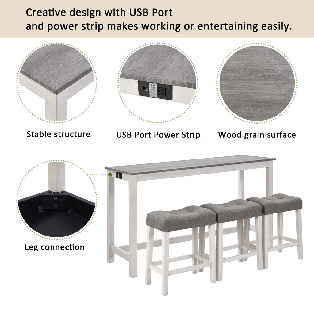 4 Piece Bar Table Set with Power Outlet, Bar Table Set with Chairs, Sofa Bar Table with Stools, Behind Couch Table with 3 Padded Stools, for Living Room, Dining room, White & Grey - Grand Goldman Shop
