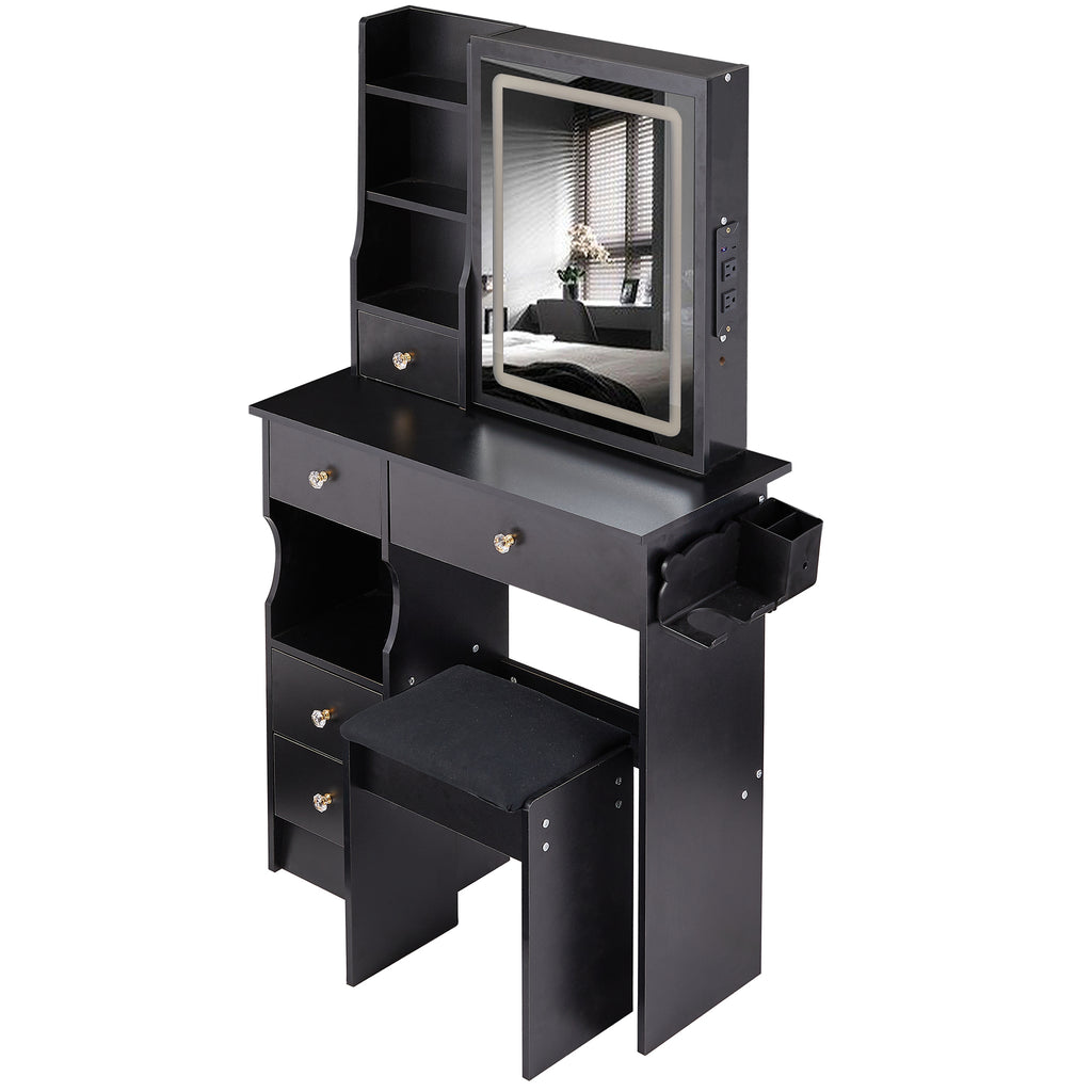 29.2' Small Size Left Drawer Desktop Vanity Table + Cushioned Stool, 2 AC+2 USB Power Station, Hair dryer bracket, Extra Large Touch Control Sliding LED Mirror, Tri-color Switching, Brightness Adjust - Grand Goldman Shop
