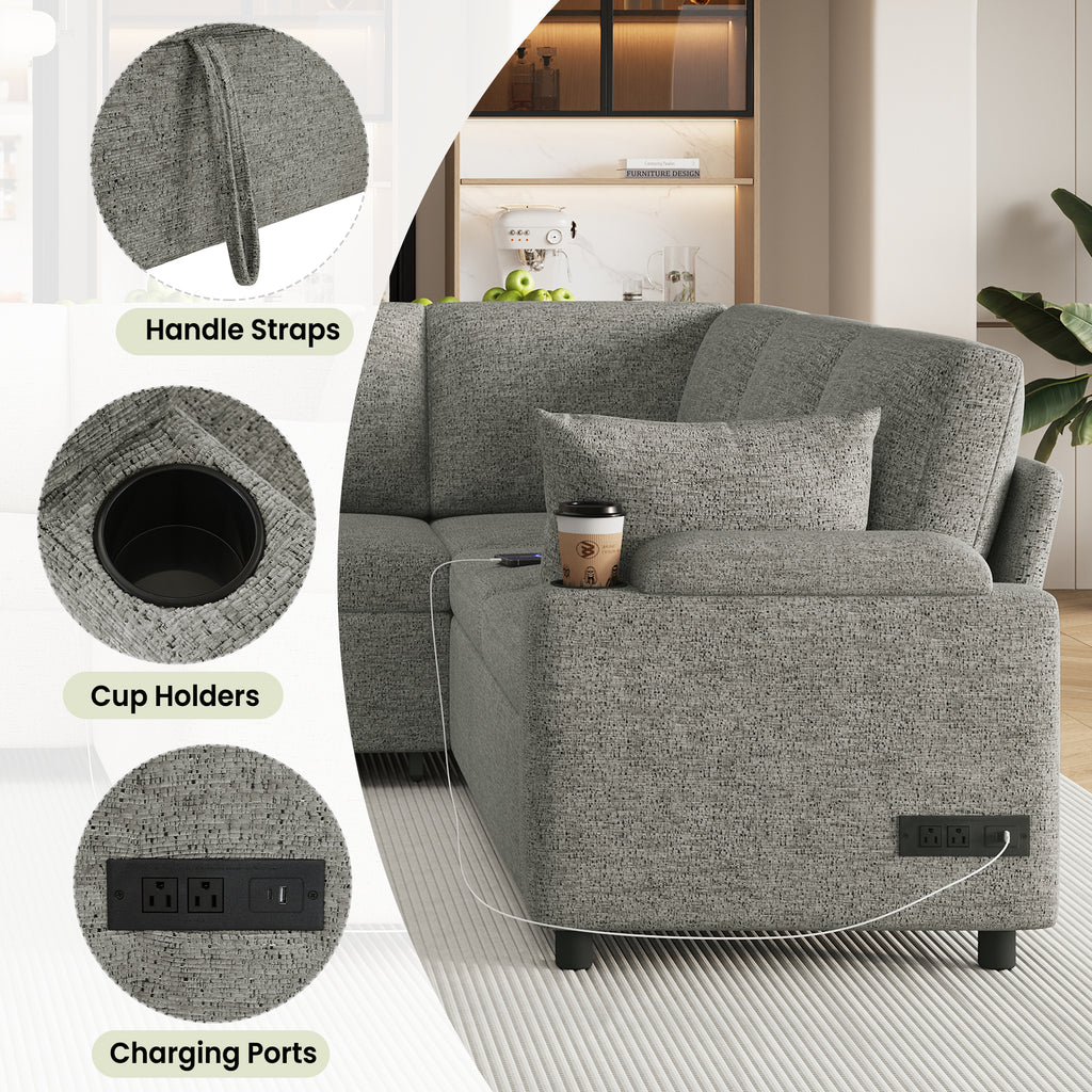 Versatile Light Grey Chenille Sectional Sofa Bed with Storage, Cup Holders & Charging Ports, 109.9' - Grand Goldman Shop