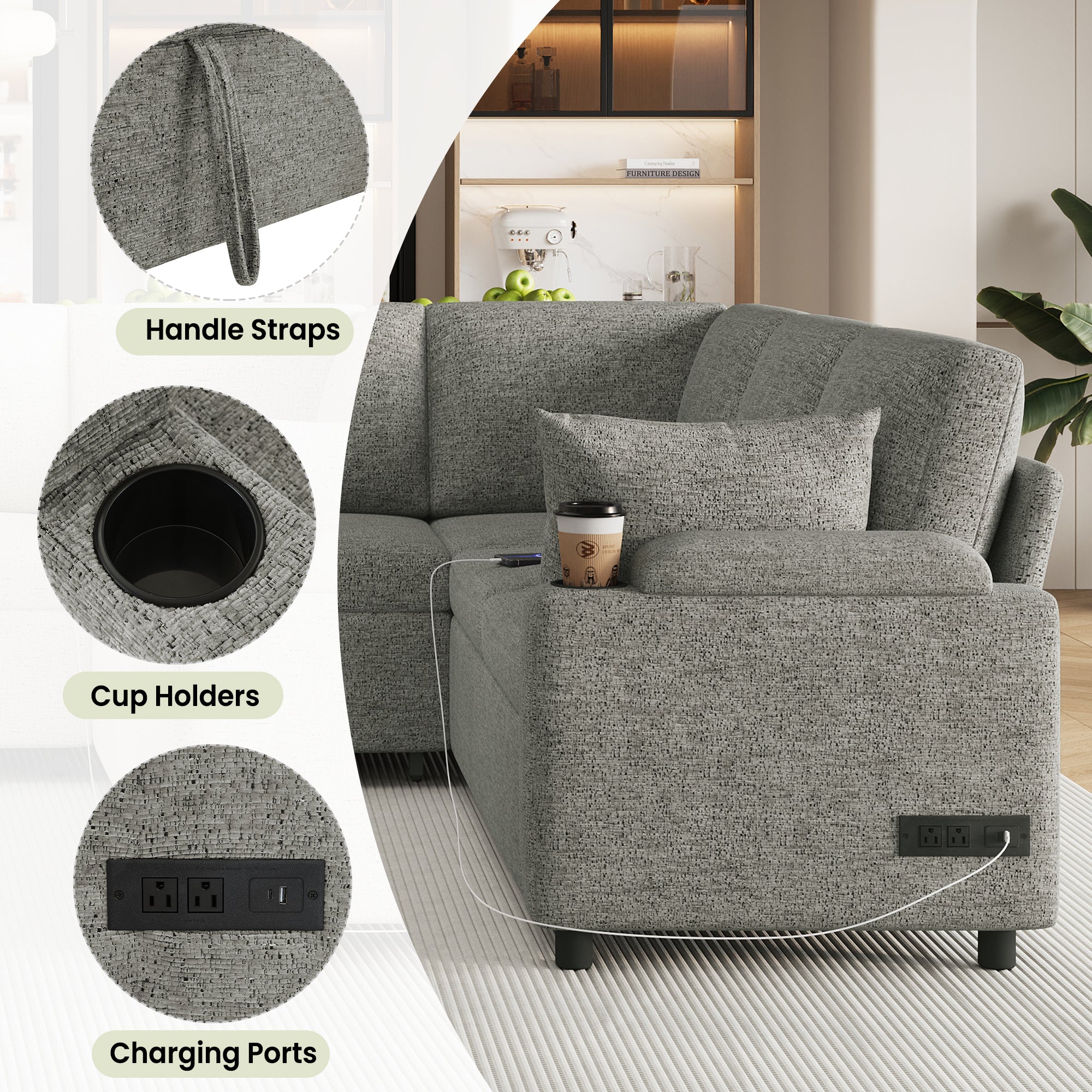 Versatile Light Grey Chenille Sectional Sofa Bed with Storage, Cup Holders & Charging Ports, 109.9' - Grand Goldman Shop