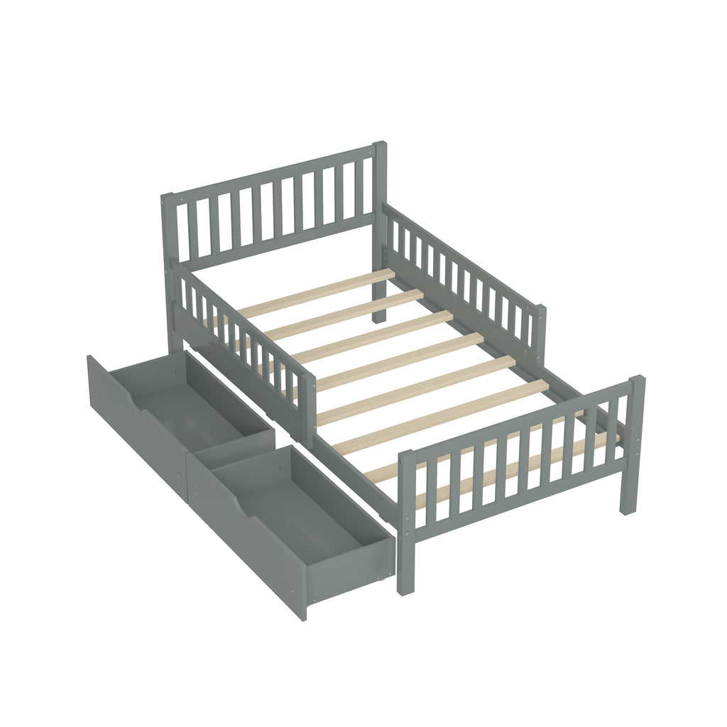 Twin Size Wood Platform Bed with Guardrails on Both Sides and Two Storage Drawers, Gray - Grand Goldman Shop