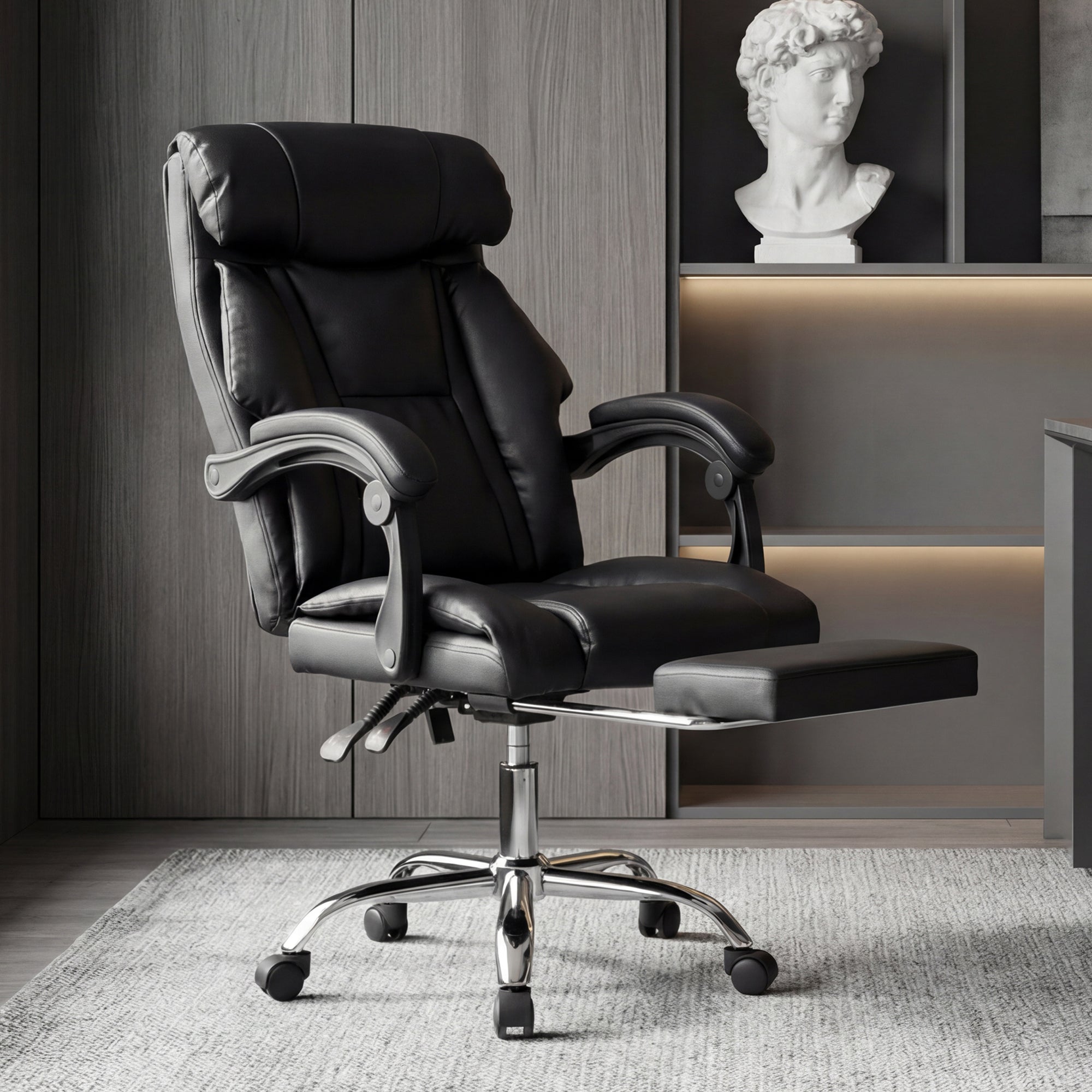 Executive Office Chair with Foot Rest, Adjustable Height High Back Reclining Gaming Chair in Black PU Leather with Metal & Wo