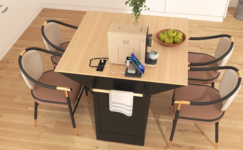 K&K 55.7'' Large Kitchen Island with 2 Drop Leaf,, Rolling Kitchen Cart on 5 Wheels with Power Outlet, Folding Storage Dining Table with Spice & Towel Rack , 3 Drawers, for Kitchen, Dining Room,Black - Grand Goldman Shop