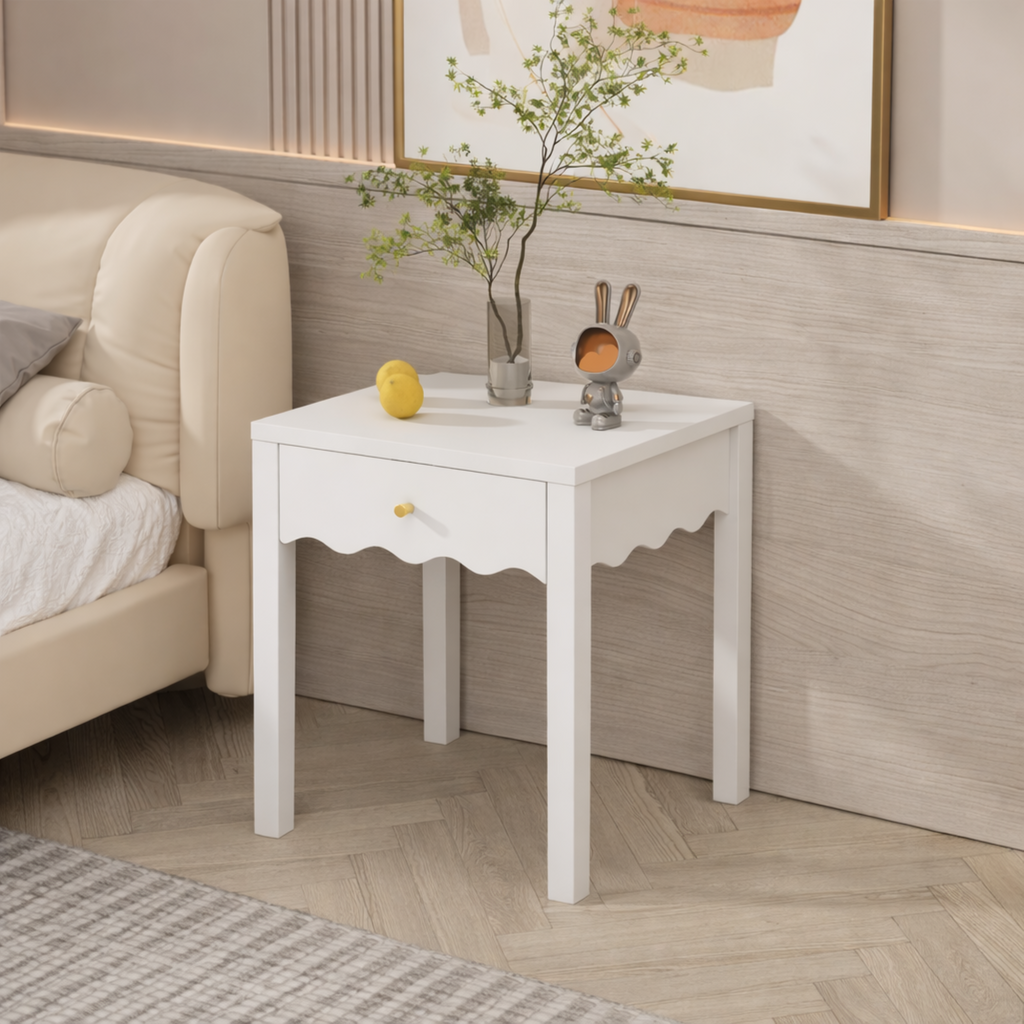 White Nightstand with Drawer, Modern Bedside Table with Wavy Apron Design, Compact End Table for Bedroom Living Room, Small Side Table with Storage - Grand Goldman Shop