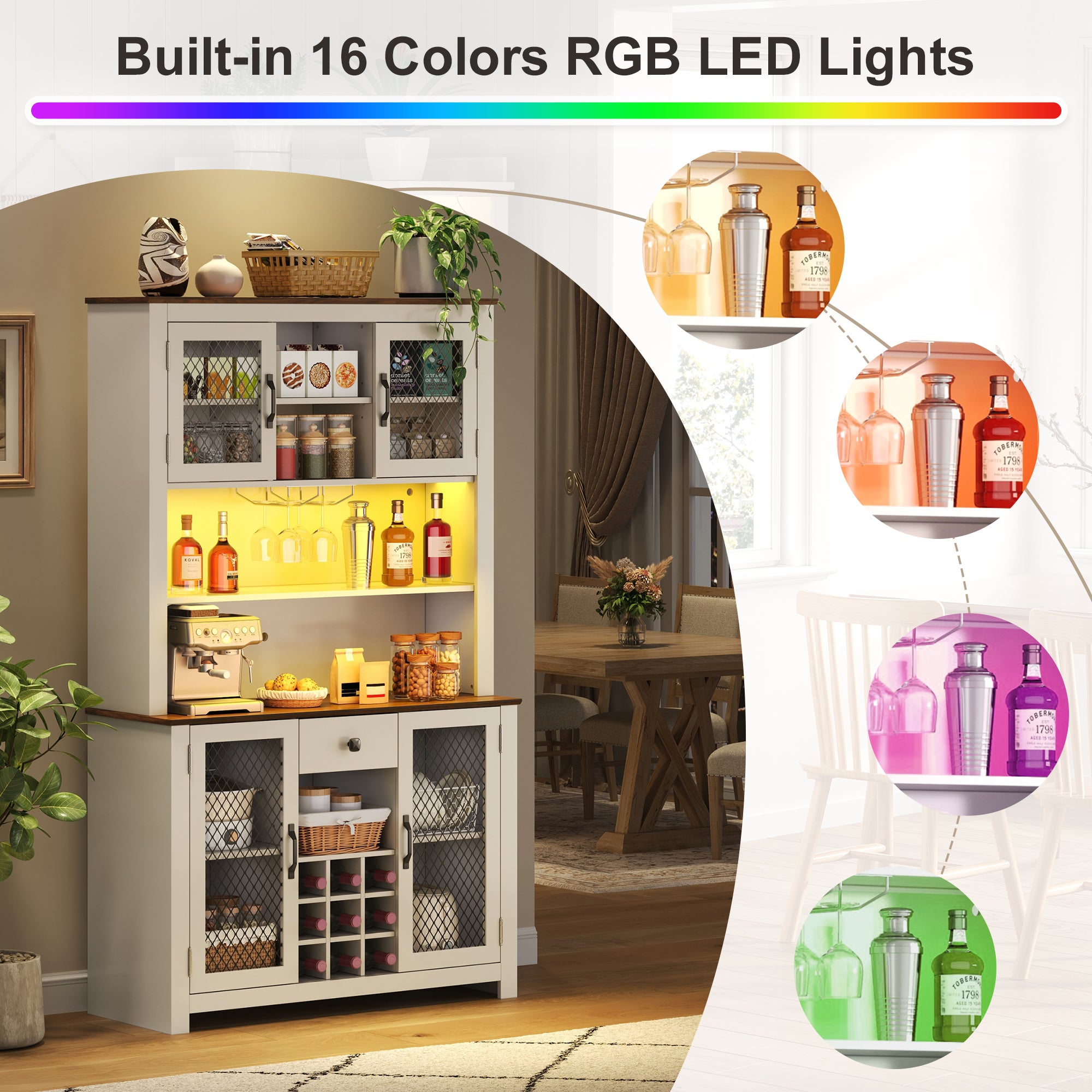 70.9' Kitchen Pantry Storage Cabinet Rustic Buffet Cabinet, Kitchen Hutch Cabinet with LED Outlets Food Pantry Cabinet with Doors and Shelves Wine Rack for Dining Room, White - Grand Goldman Shop