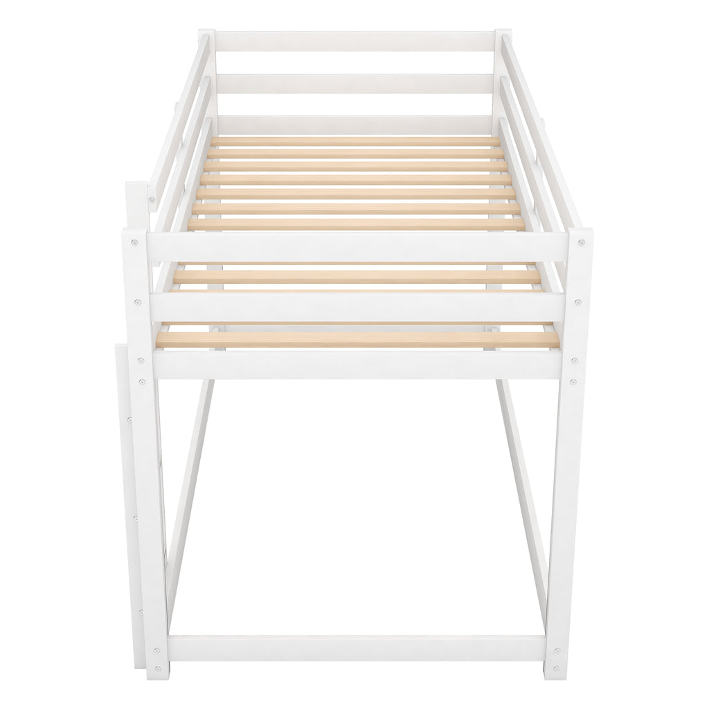 White Twin Over Twin Floor Bunk Bed with Ladder, Solid Pine Wood, 79.1''L x 42''W x 46.5''H - Grand Goldman Shop