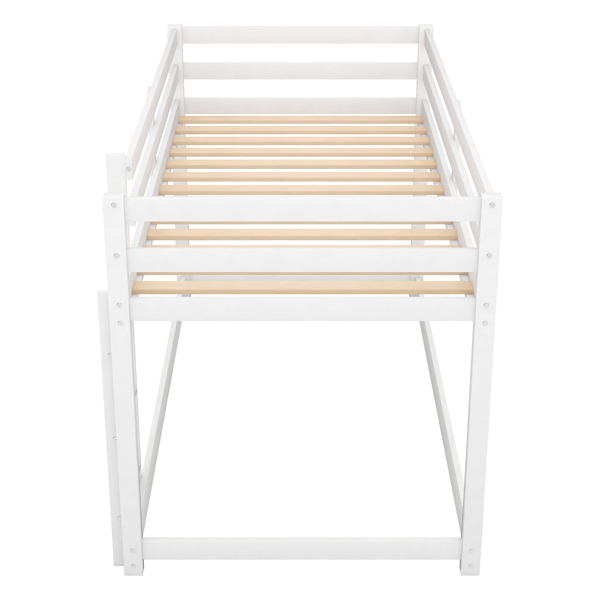 White Twin Over Twin Floor Bunk Bed with Ladder, Solid Pine Wood, 79.1''L x 42''W x 46.5''H - Grand Goldman Shop